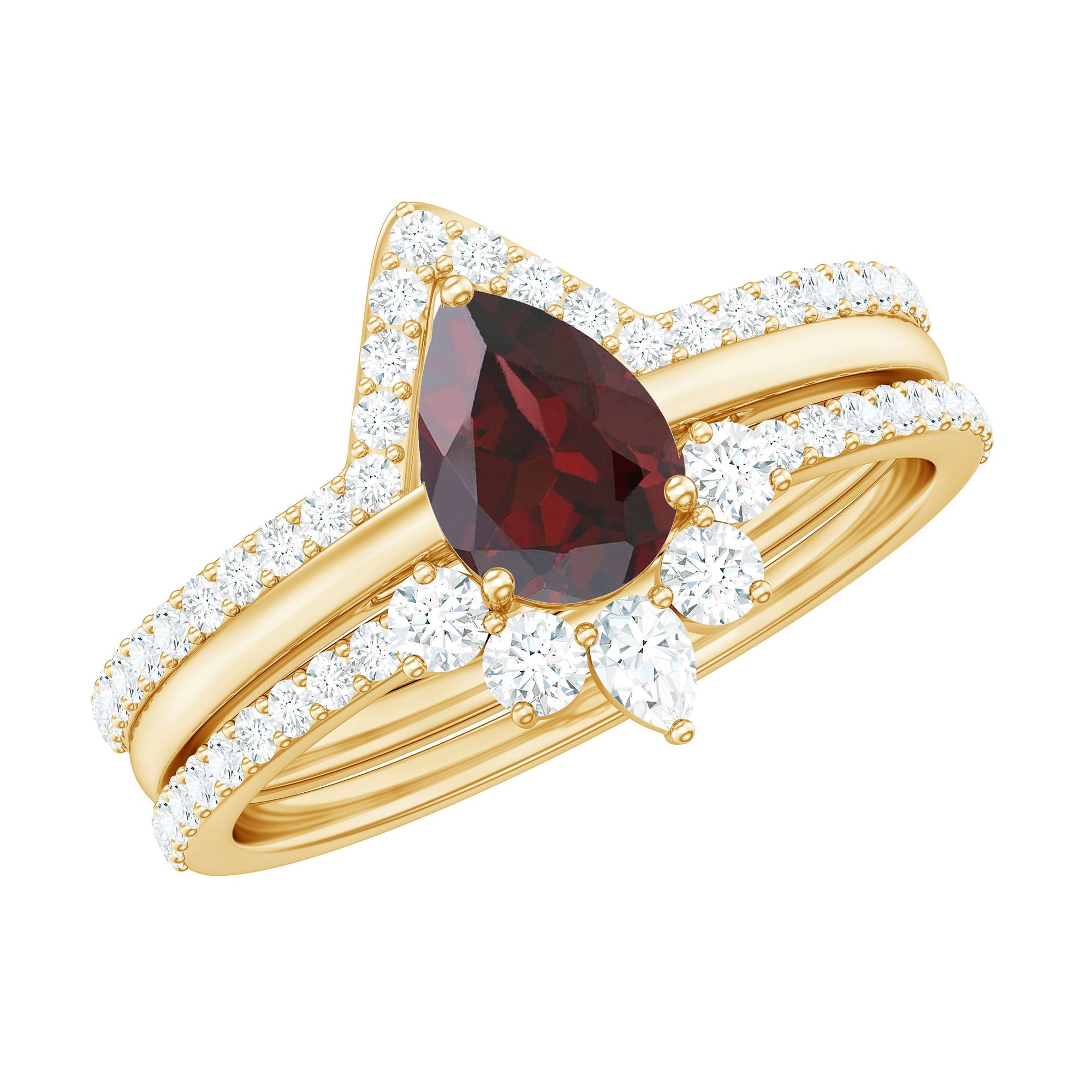 Natural 0.8 Carat Pear Shaped Garnet Diamond 3 Piece Bridal Ring Set