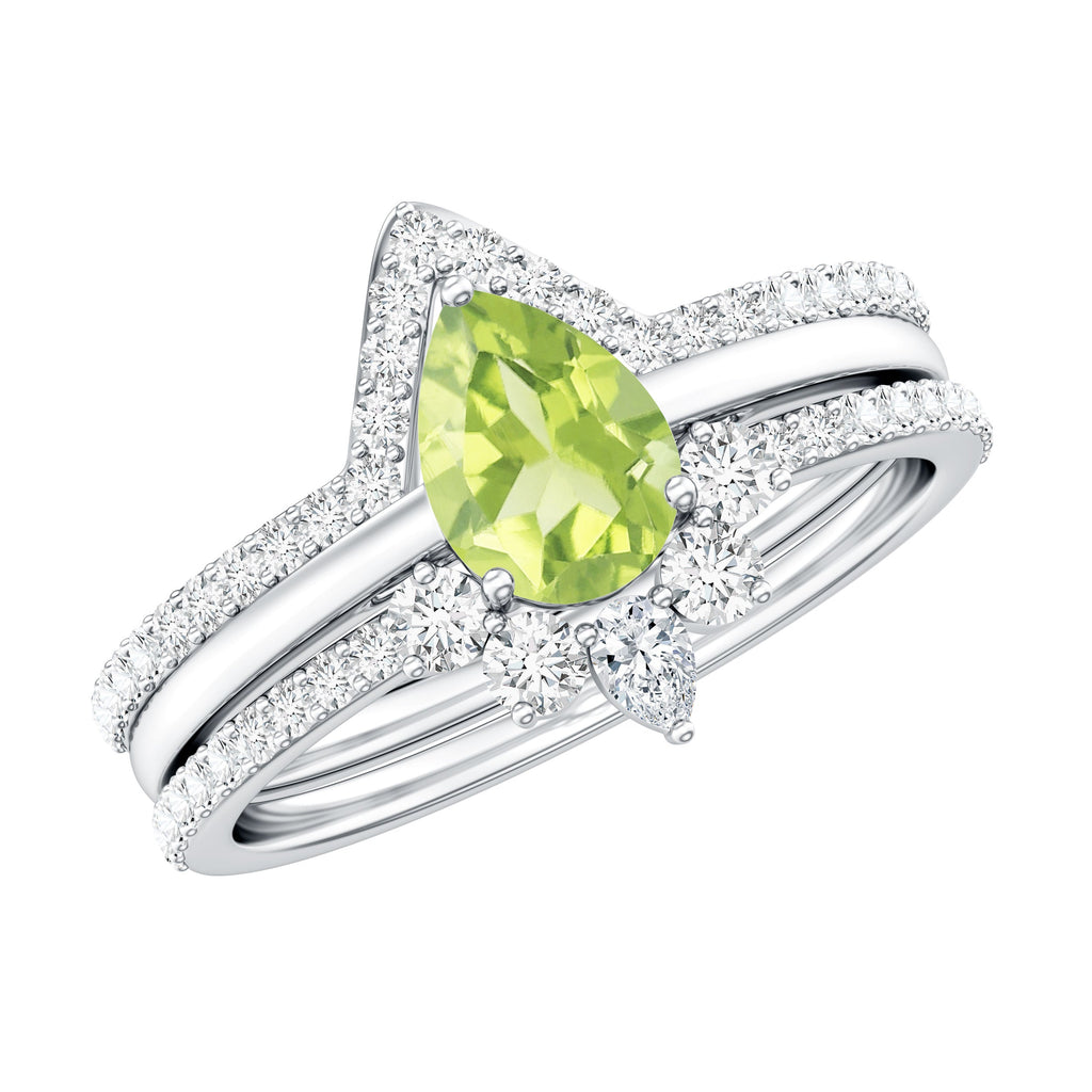 Peridot Wedding Ring Set – Certified 1 Carat Pear Shaped Peridot Trio with Moissanite