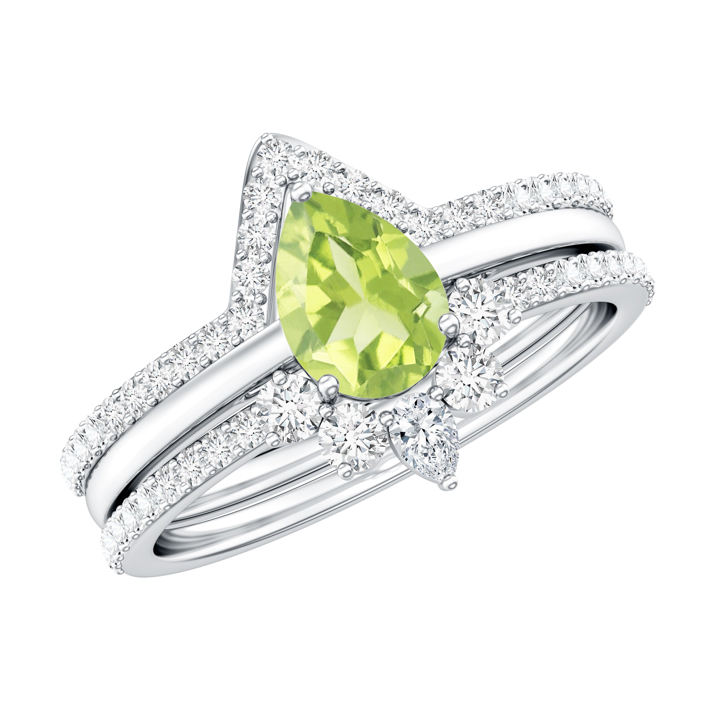 Peridot Wedding Ring Set – Certified 1 Carat Pear Shaped Peridot Trio with Moissanite