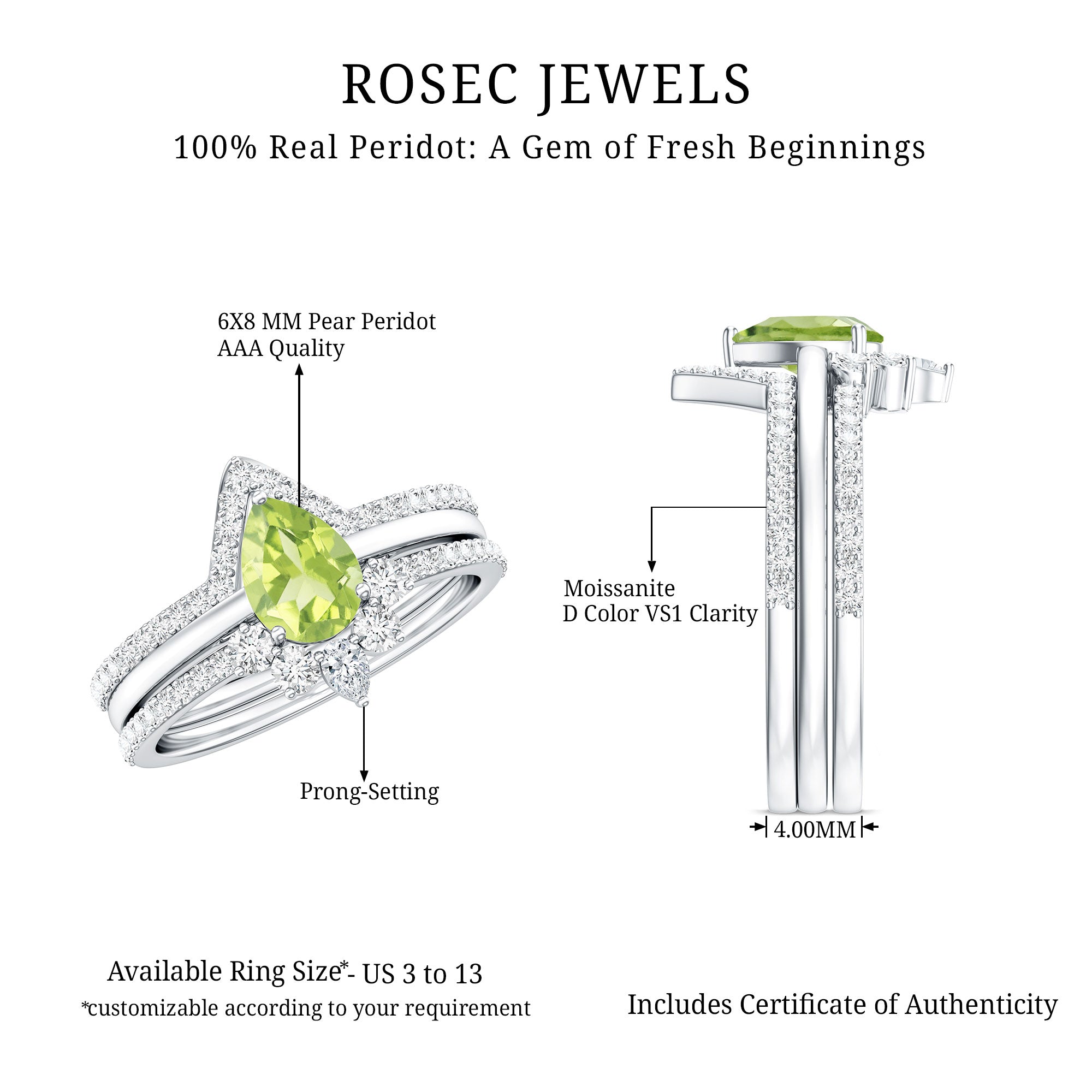 Peridot Wedding Ring Set – Certified 1 Carat Pear Shaped Peridot Trio with Moissanite