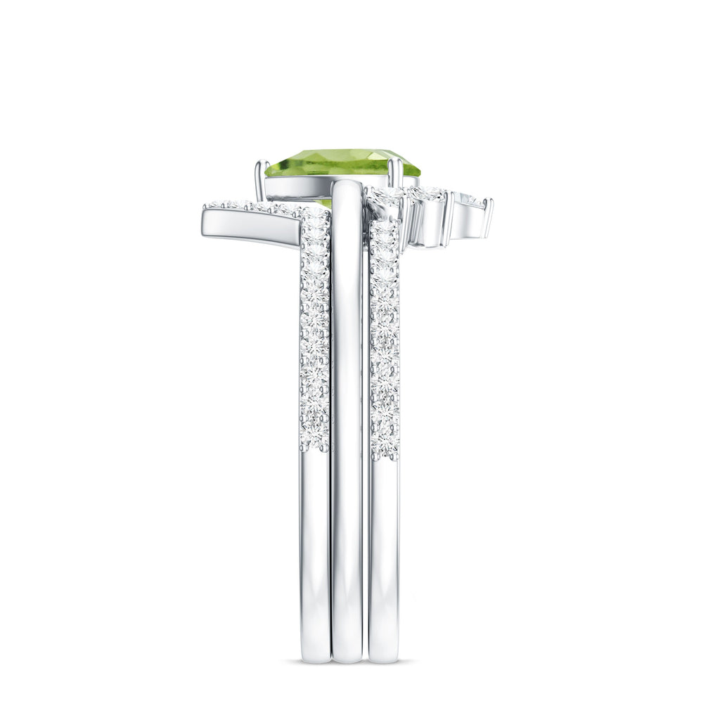 Peridot Wedding Ring Set – Certified 1 Carat Pear Shaped Peridot Trio with Moissanite