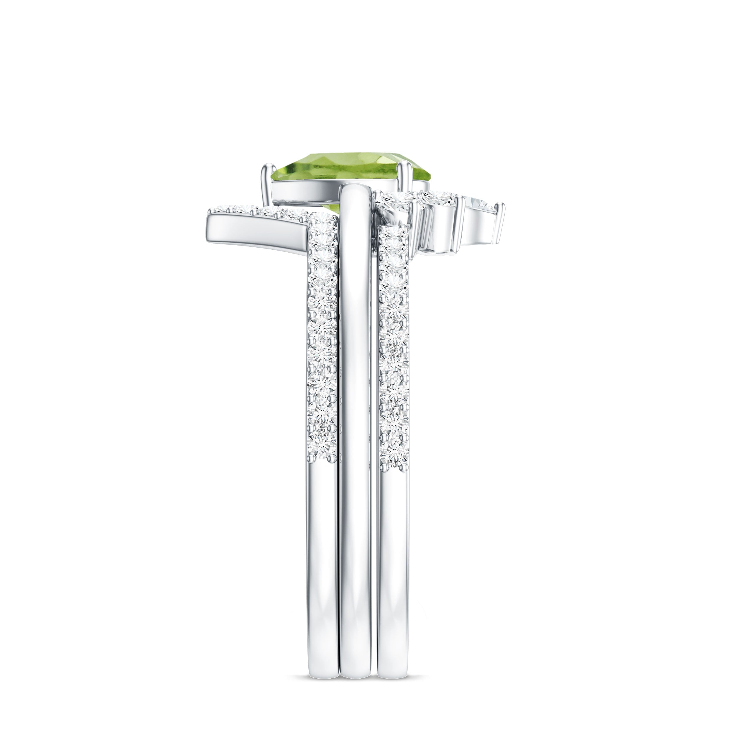 Peridot Wedding Ring Set – Certified 1 Carat Pear Shaped Peridot Trio with Moissanite