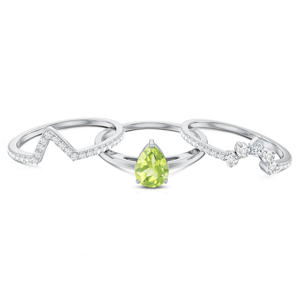 Peridot Wedding Ring Set – Certified 1 Carat Pear Shaped Peridot Trio with Moissanite