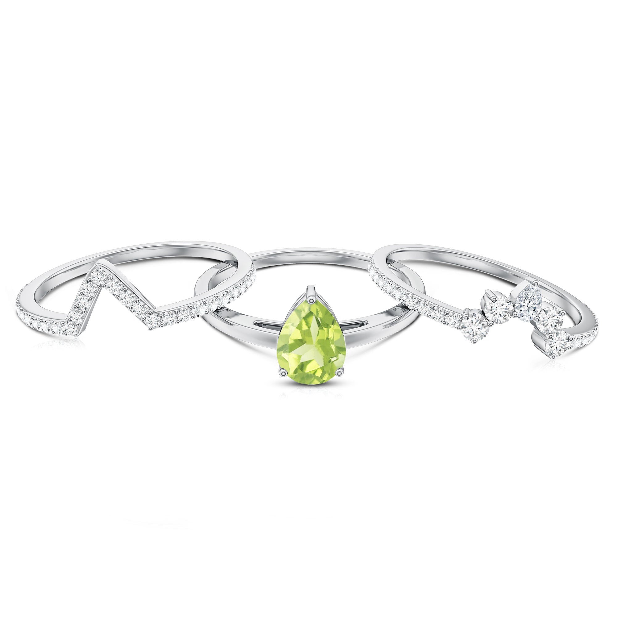 Peridot Wedding Ring Set – Certified 1 Carat Pear Shaped Peridot Trio with Moissanite