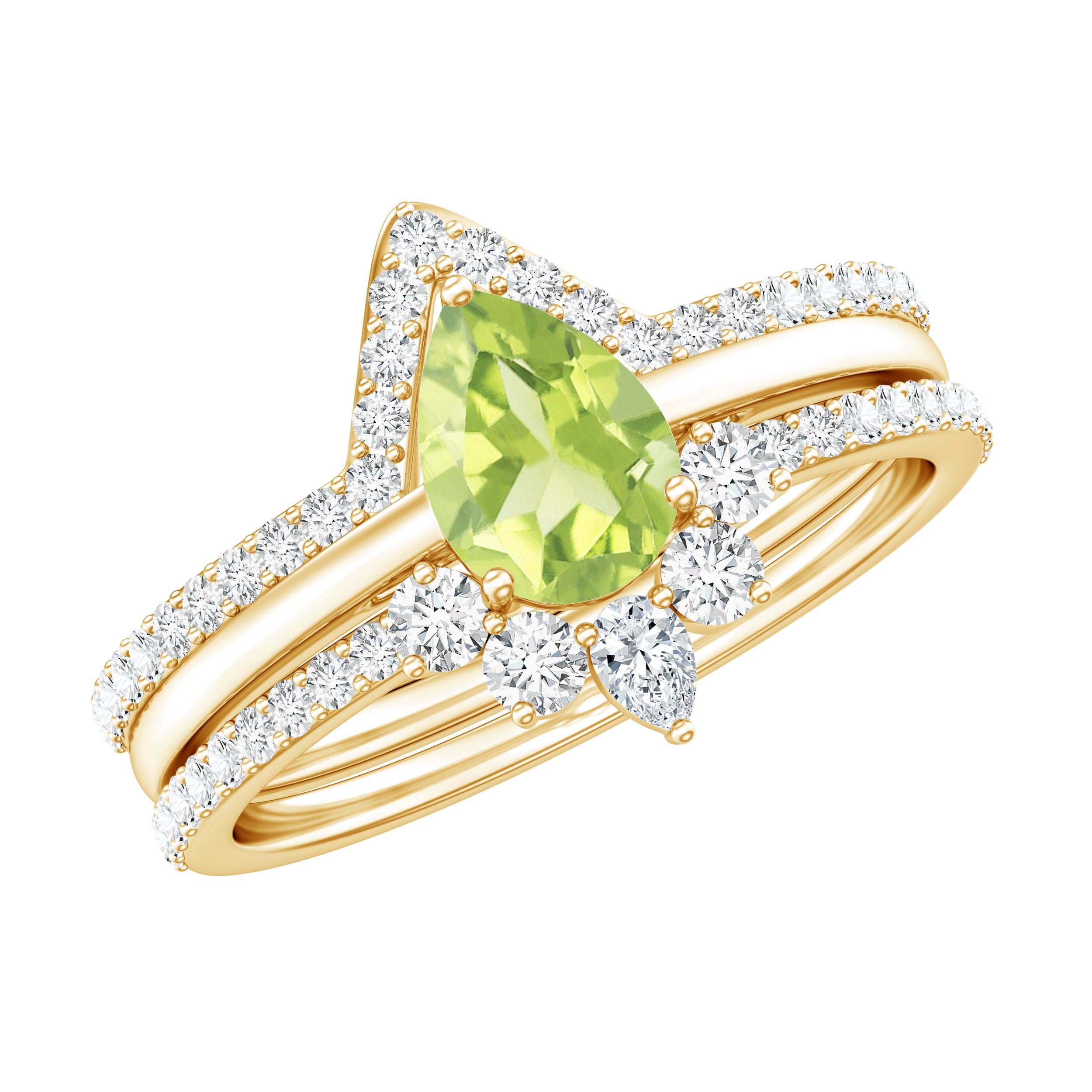 Peridot Wedding Ring Set – Certified 1 Carat Pear Shaped Peridot Trio with Moissanite