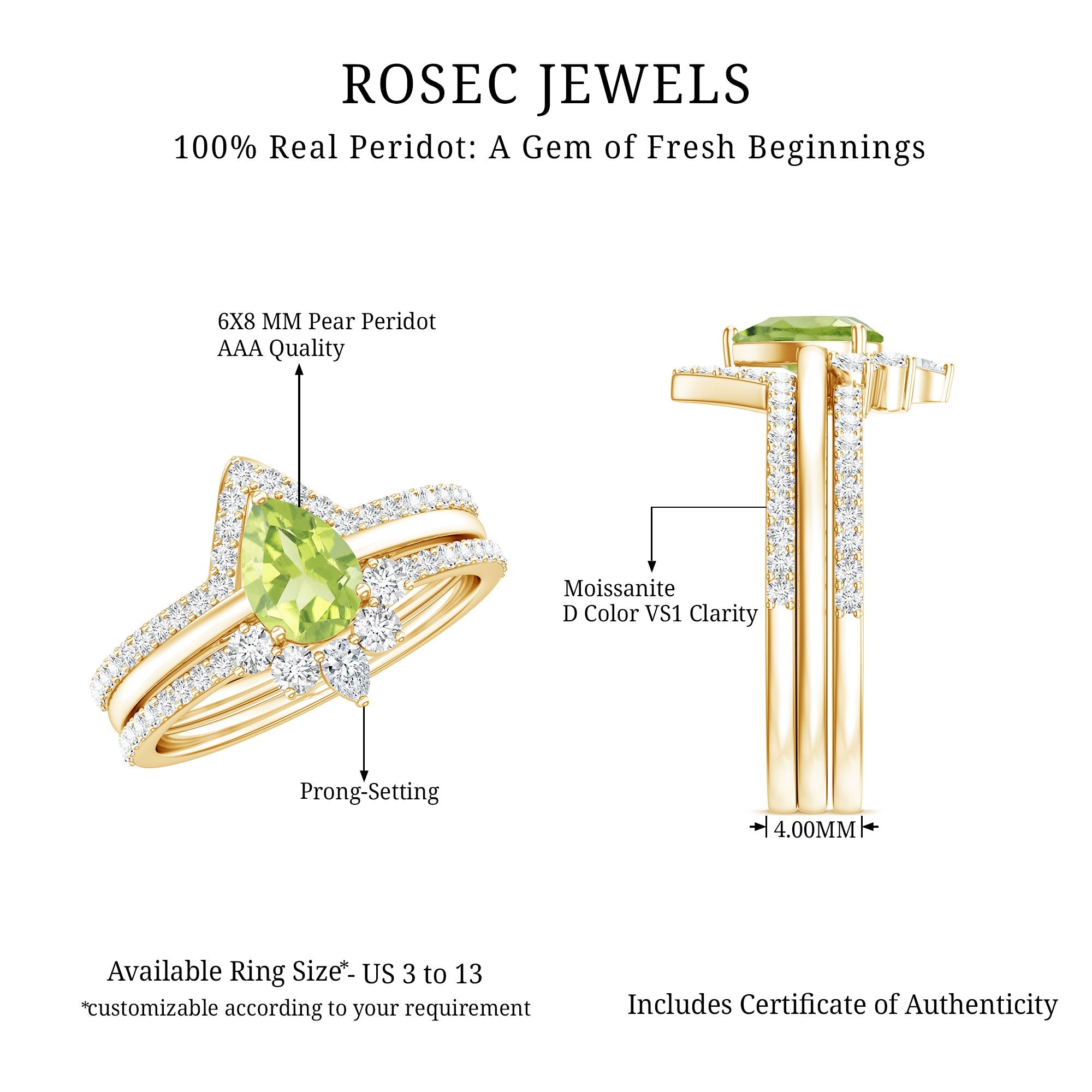 Peridot Wedding Ring Set – Certified 1 Carat Pear Shaped Peridot Trio with Moissanite