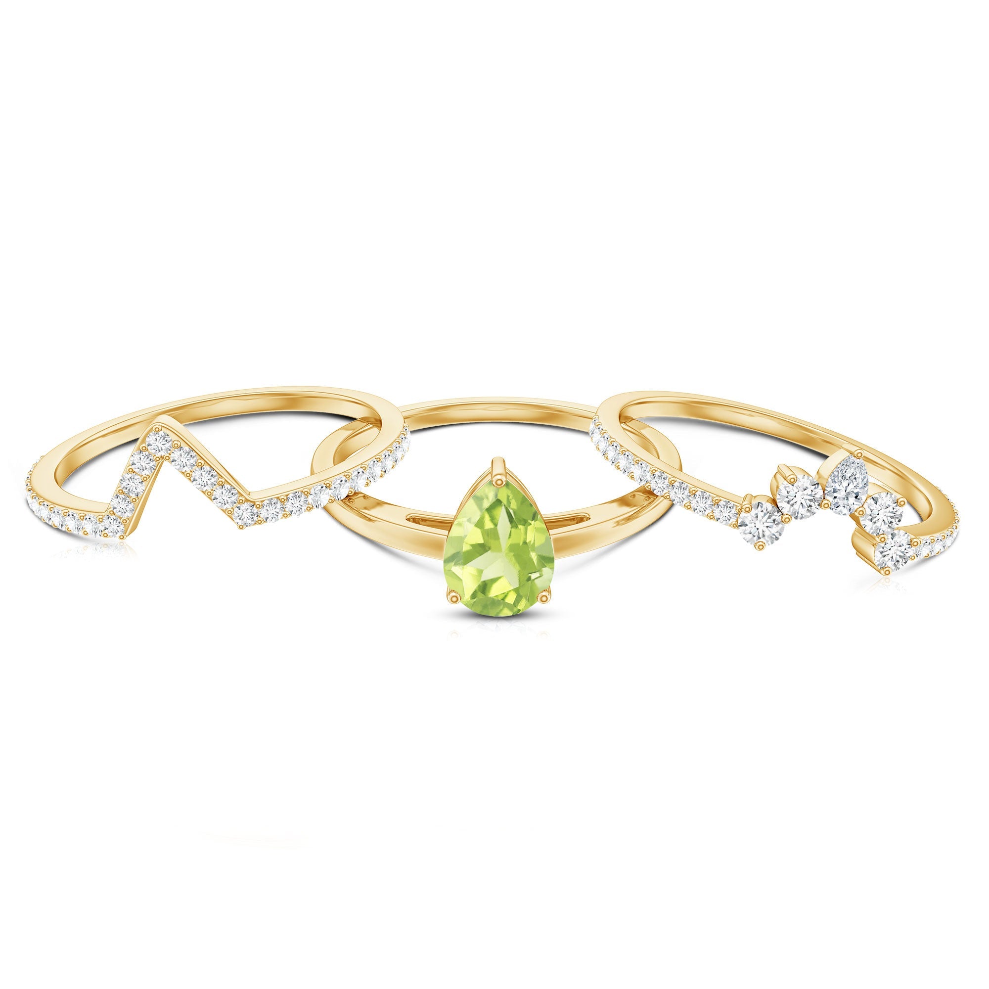 Peridot Wedding Ring Set – Certified 1 Carat Pear Shaped Peridot Trio with Moissanite