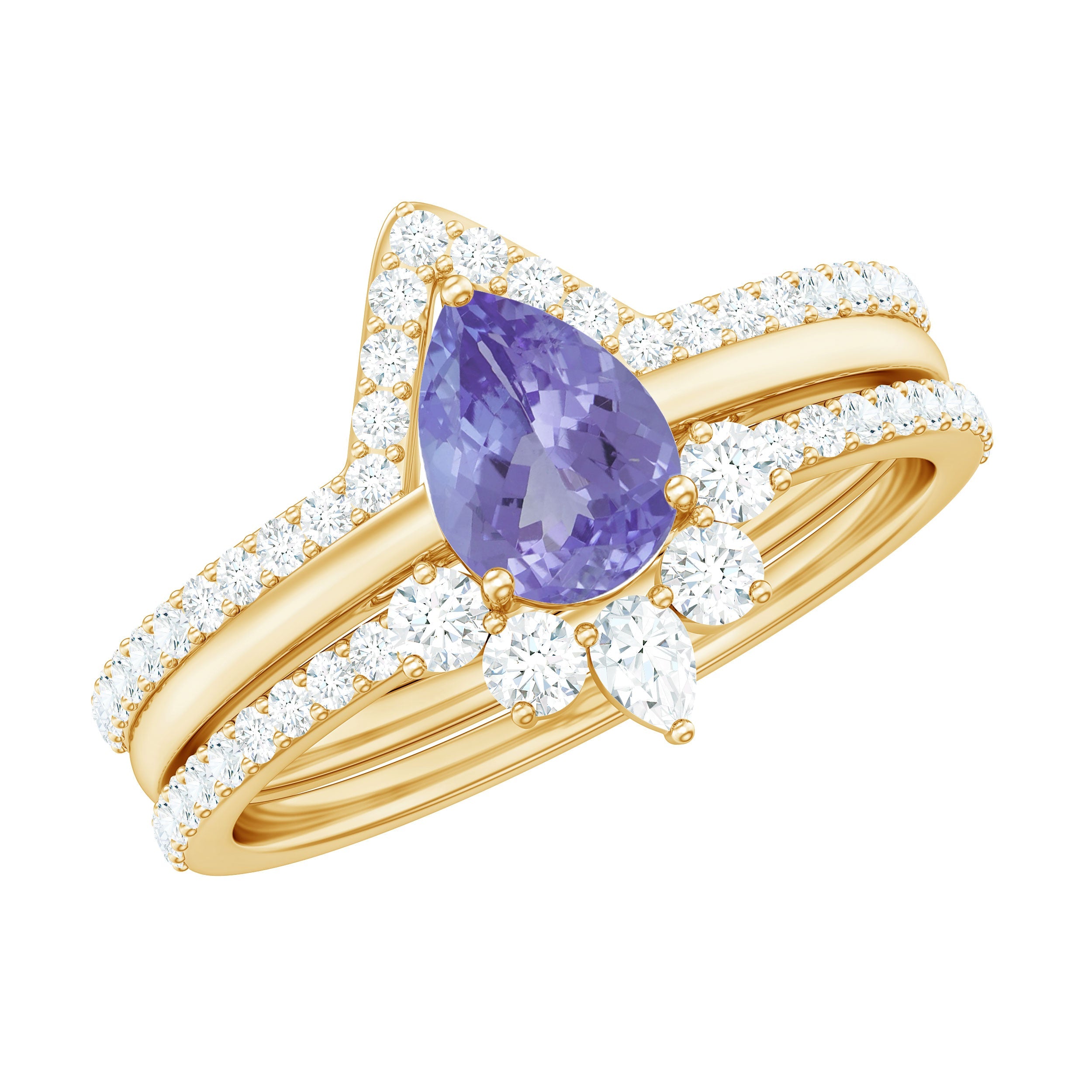 Tanzanite Wedding Ring Set – Natural Blue Pear Shape 0.8 Ct With Diamond Bands