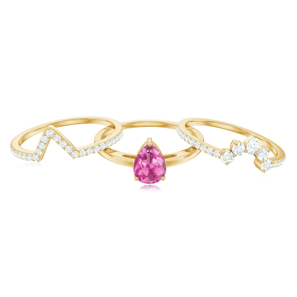 Pear Cut Pink Tourmaline Trio Wedding Ring Set with Moissanite