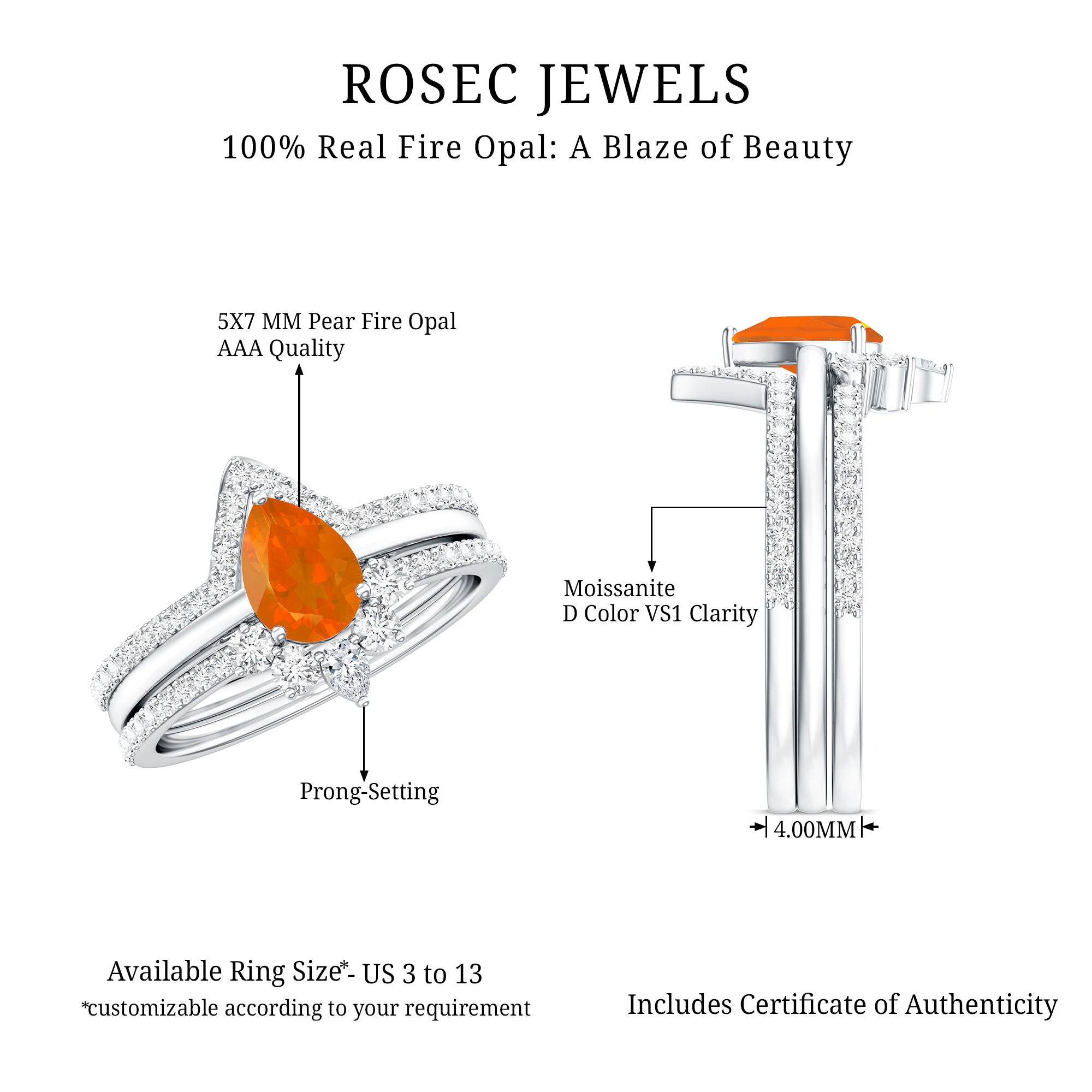 Pear Cut Fire Opal Trio Wedding Ring Set with Moissanite