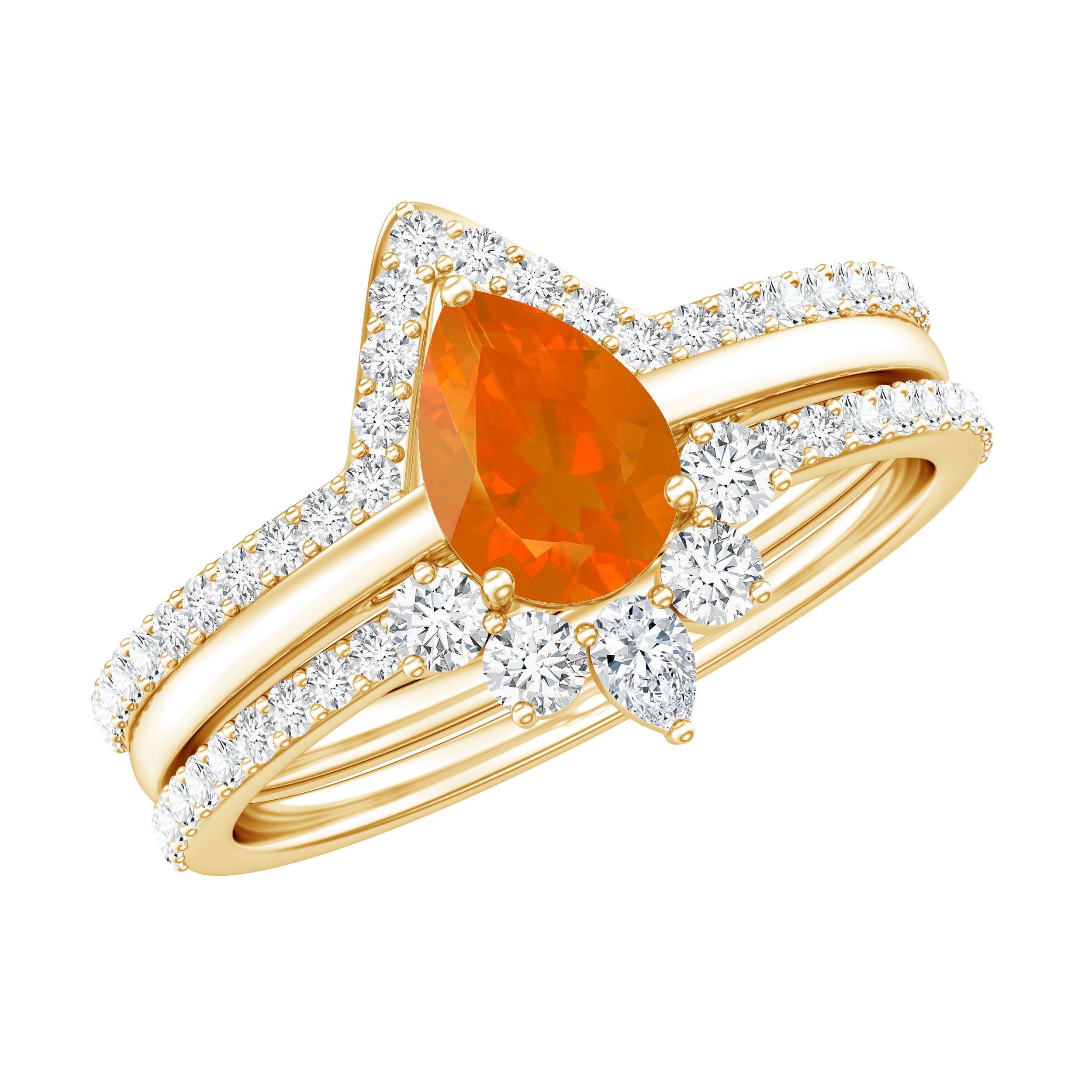 Pear Cut Fire Opal Trio Wedding Ring Set with Moissanite