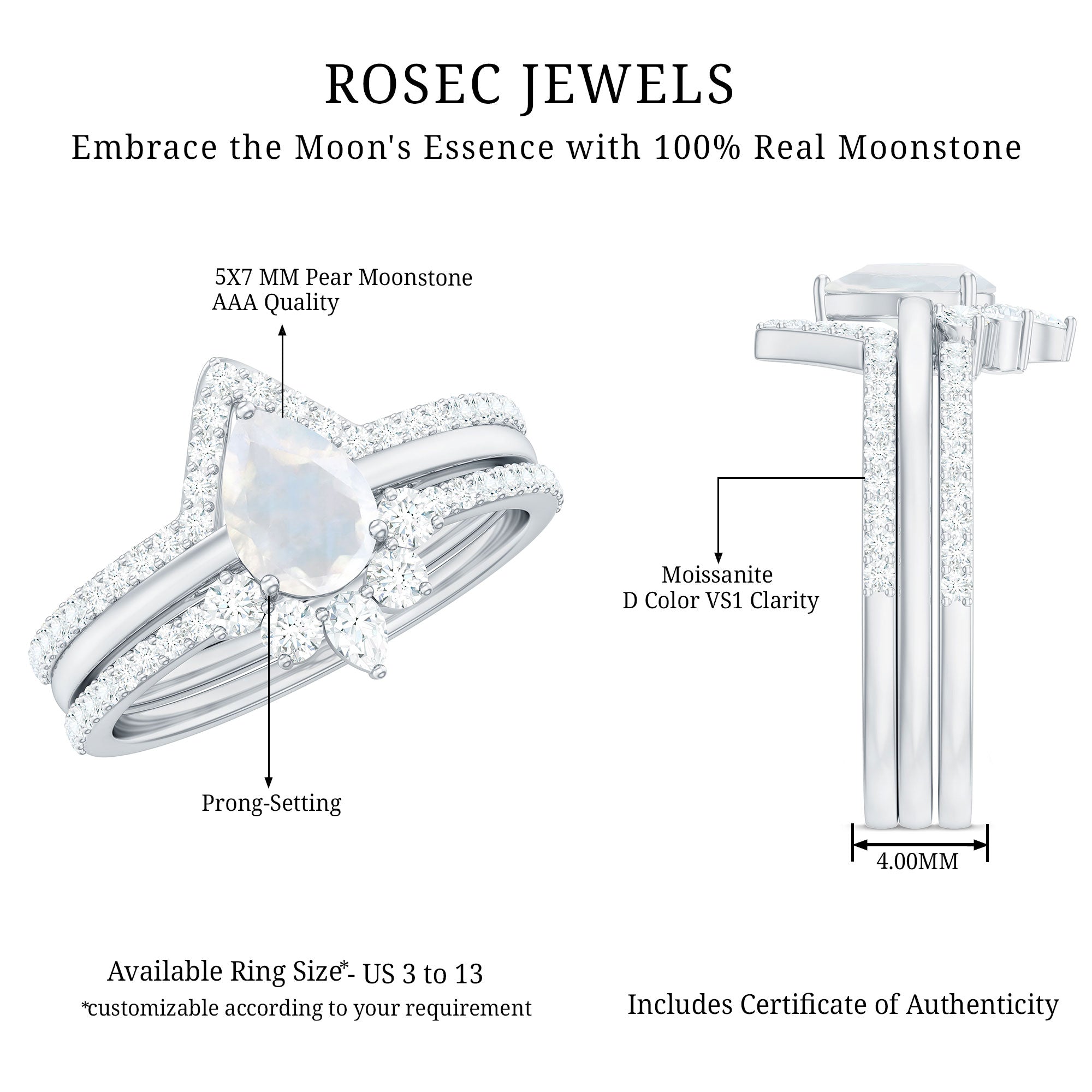 Pear Cut Moonstone Trio Wedding Ring Set with Moissanite