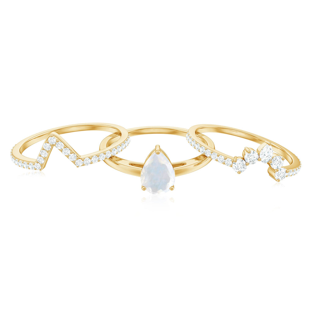 Pear Cut Moonstone Trio Wedding Ring Set with Moissanite