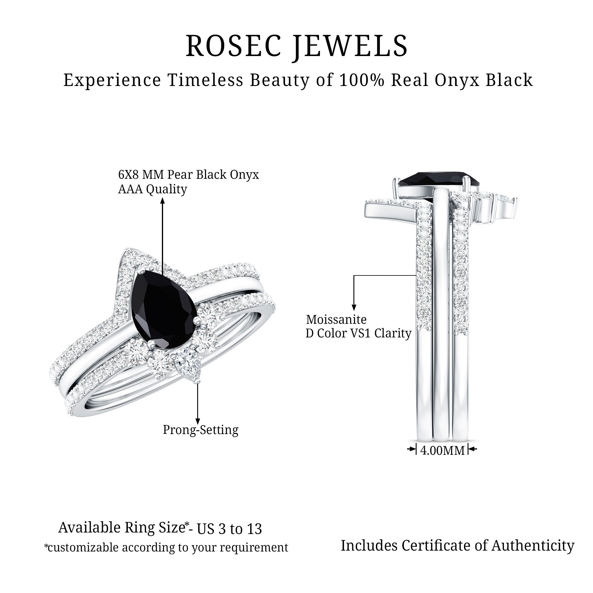 1 Carat Pear Shaped Black Onyx Engagement Ring With Ring Guards