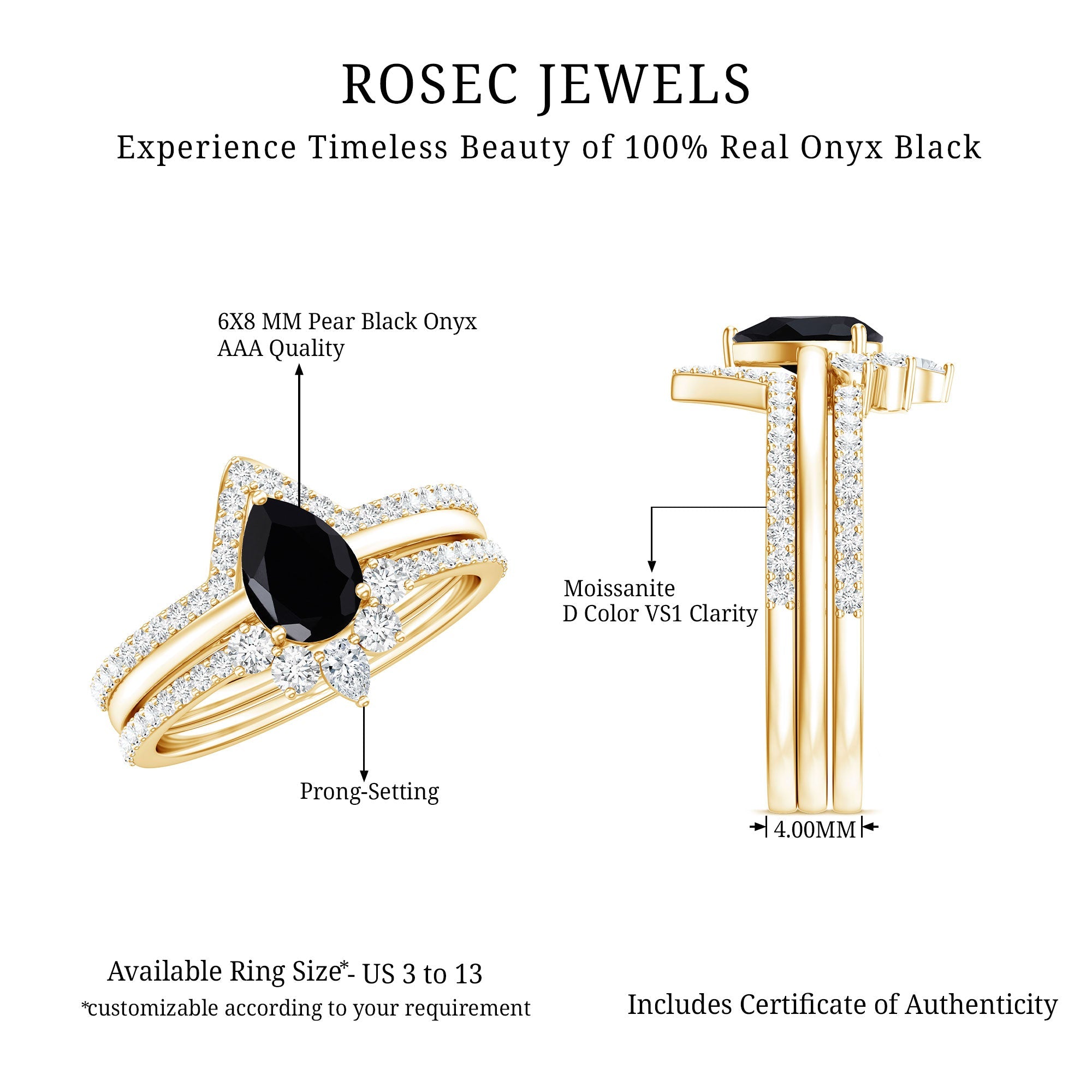 1 Carat Pear Shaped Black Onyx Engagement Ring With Ring Guards