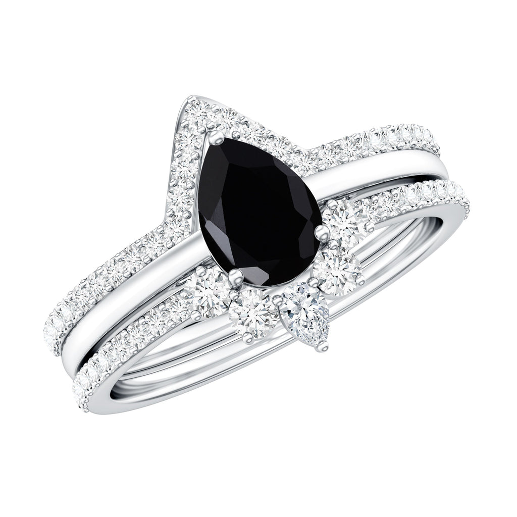Certified 0.6 Carat Natural Black Spinel 3 Piece Wedding Ring Set with Moissanite
