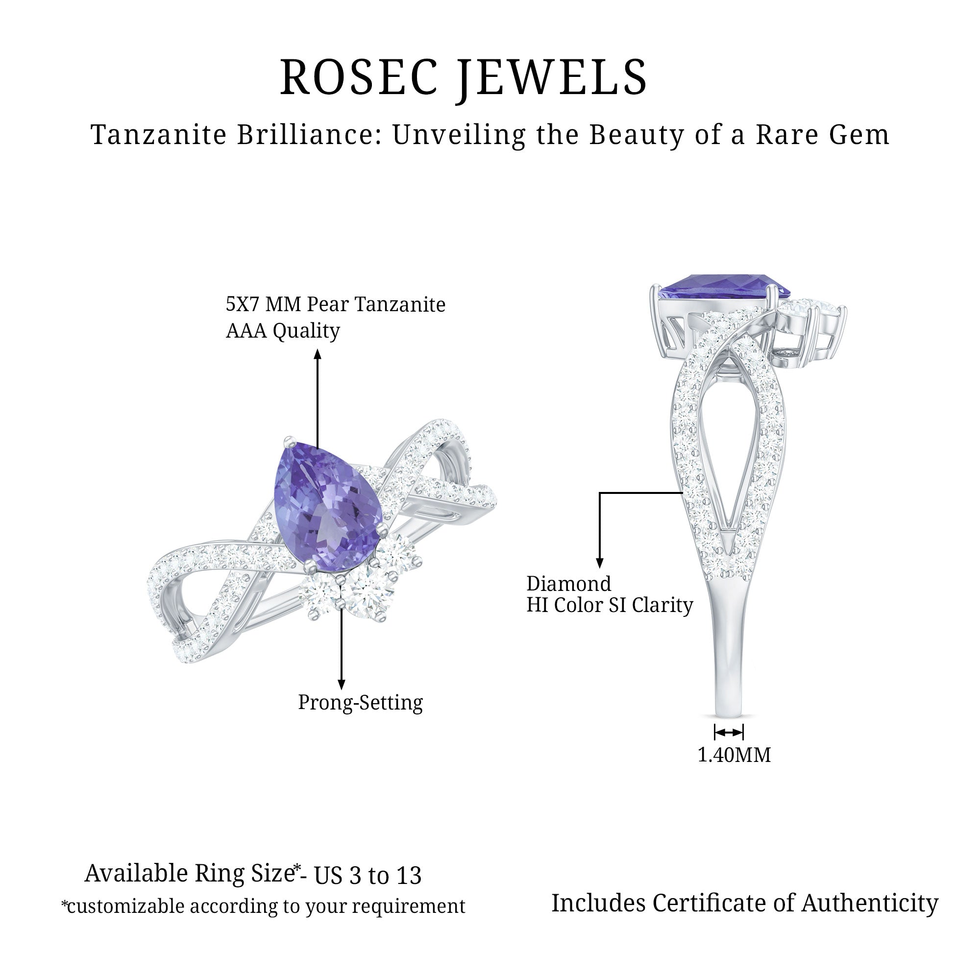 Tanzanite Engagement Ring – Pear Shape Tanzanite with Diamond Crossover Band