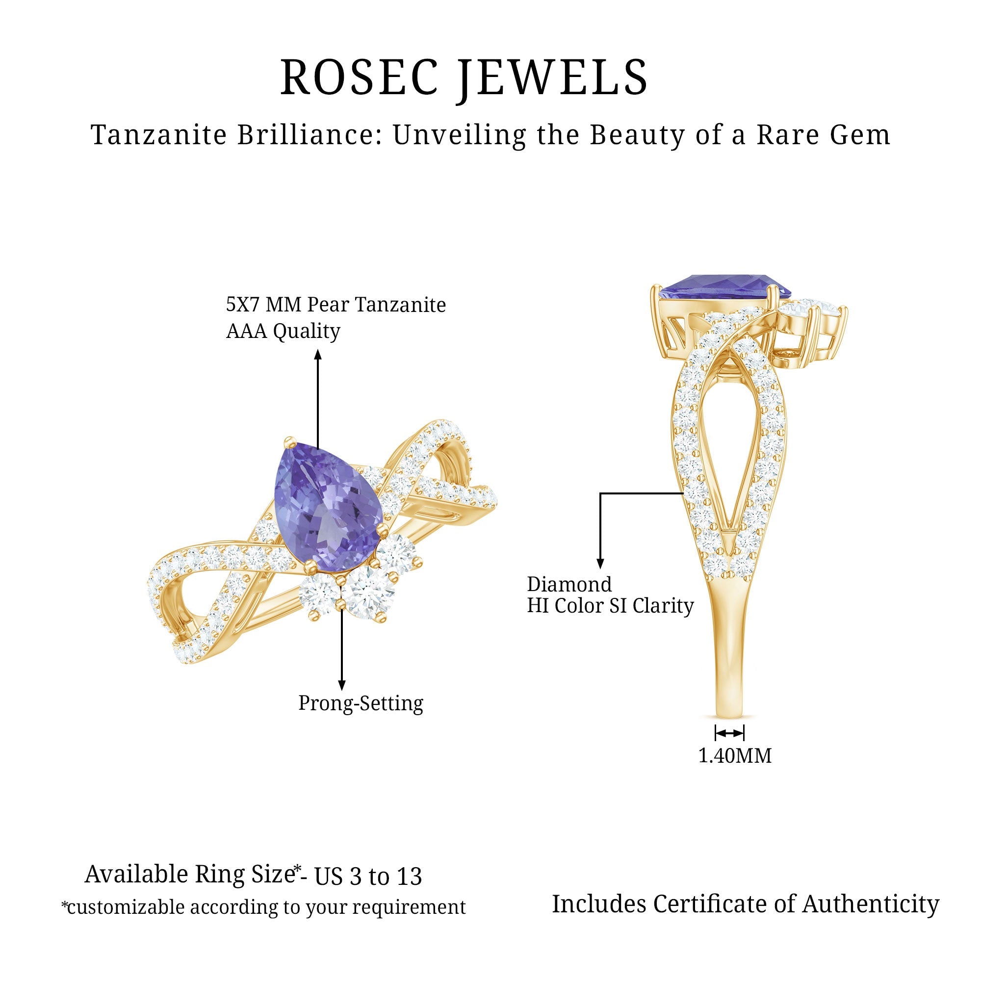 Tanzanite Engagement Ring – Pear Shape Tanzanite with Diamond Crossover Band