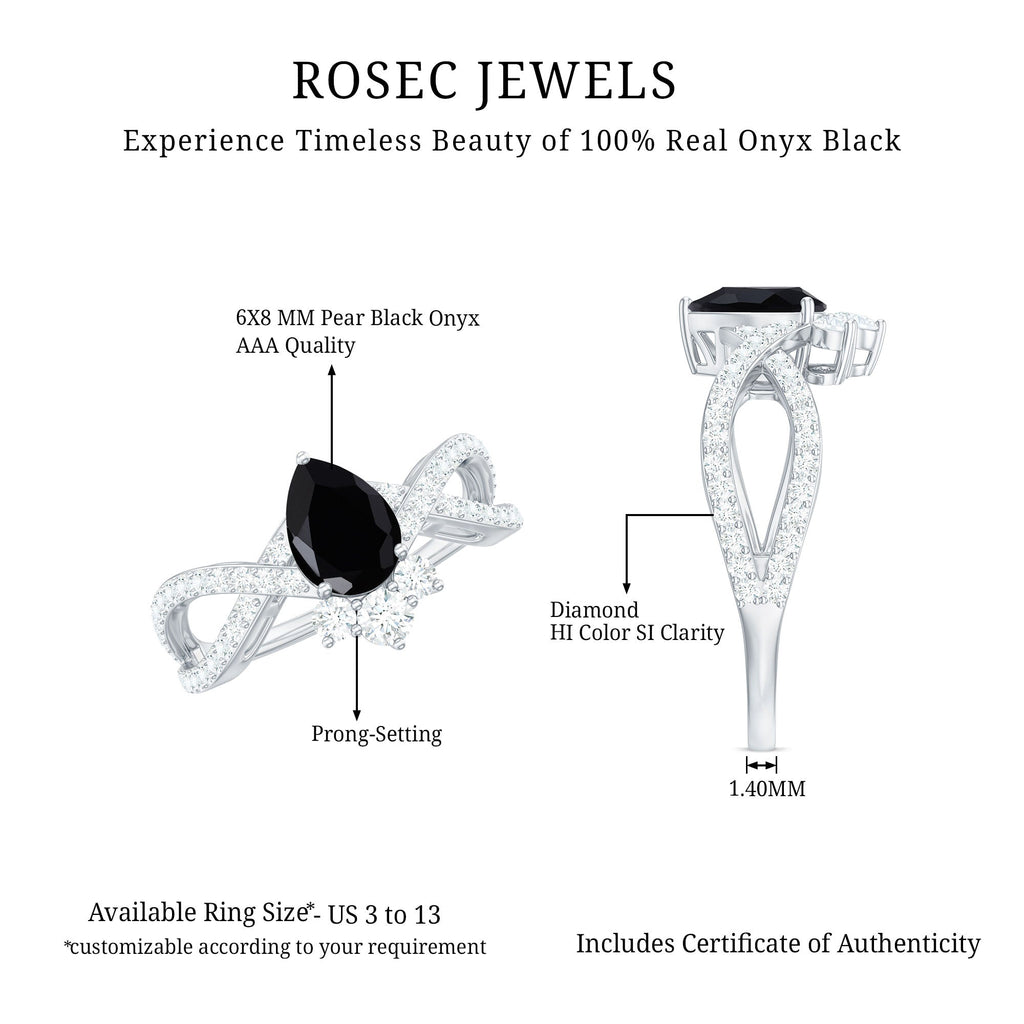 1 Carat Pear Shaped Black Onyx Designer Engagement Ring with Diamond