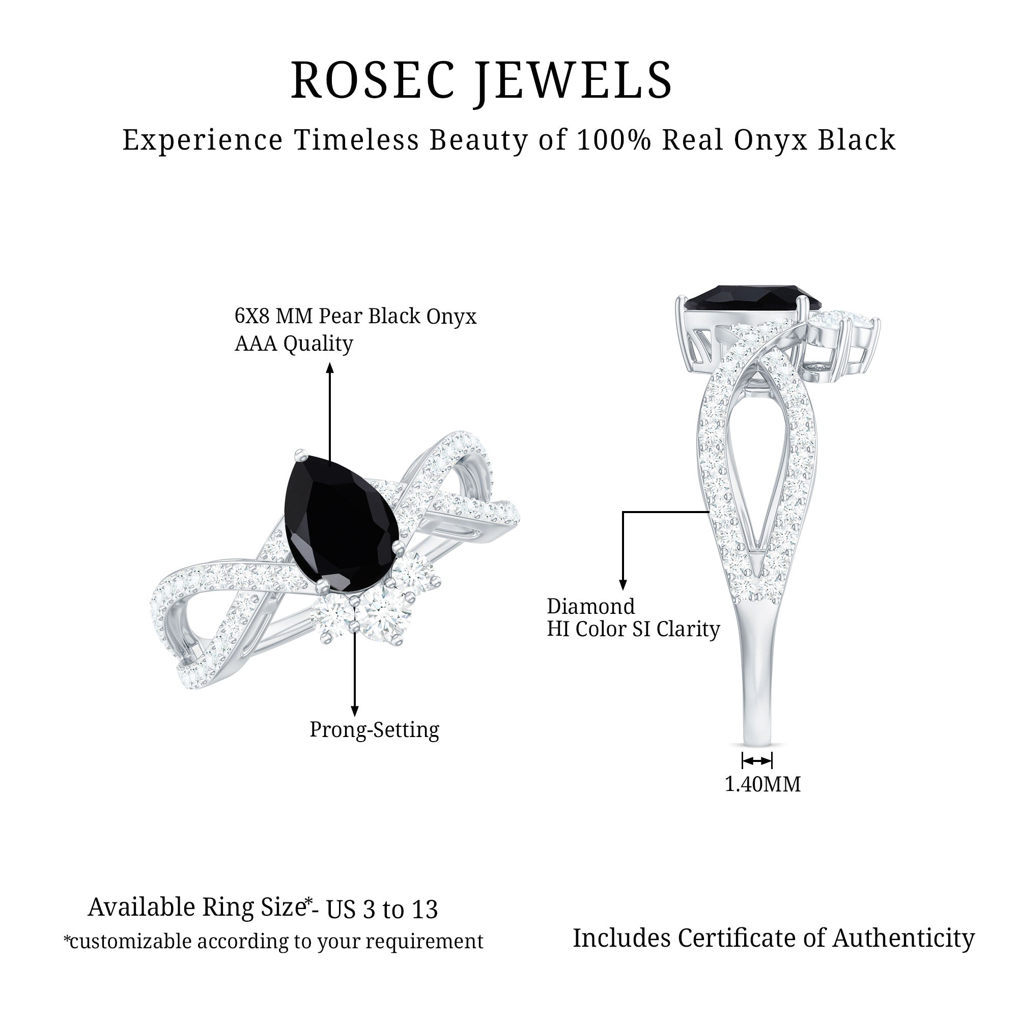 1 Carat Pear Shaped Black Onyx Designer Engagement Ring with Diamond