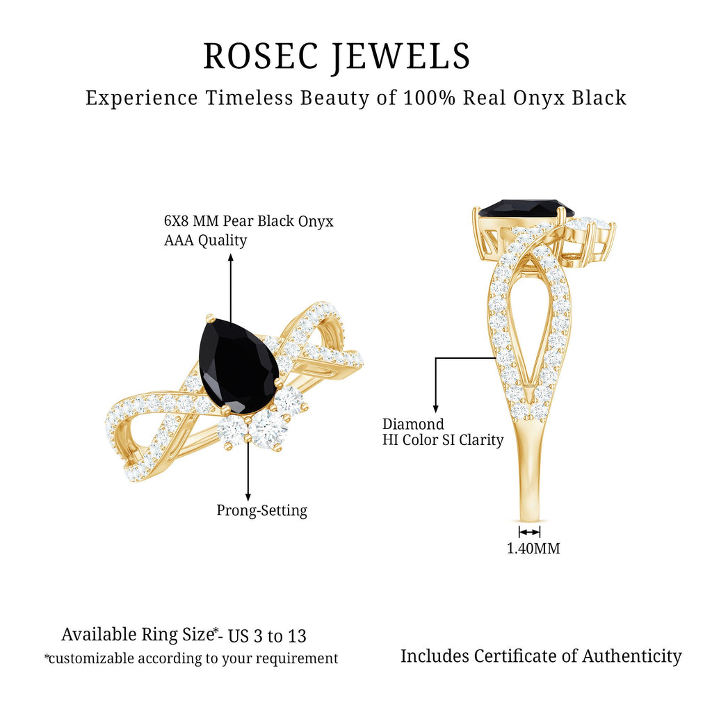 1 Carat Pear Shaped Black Onyx Designer Engagement Ring with Diamond