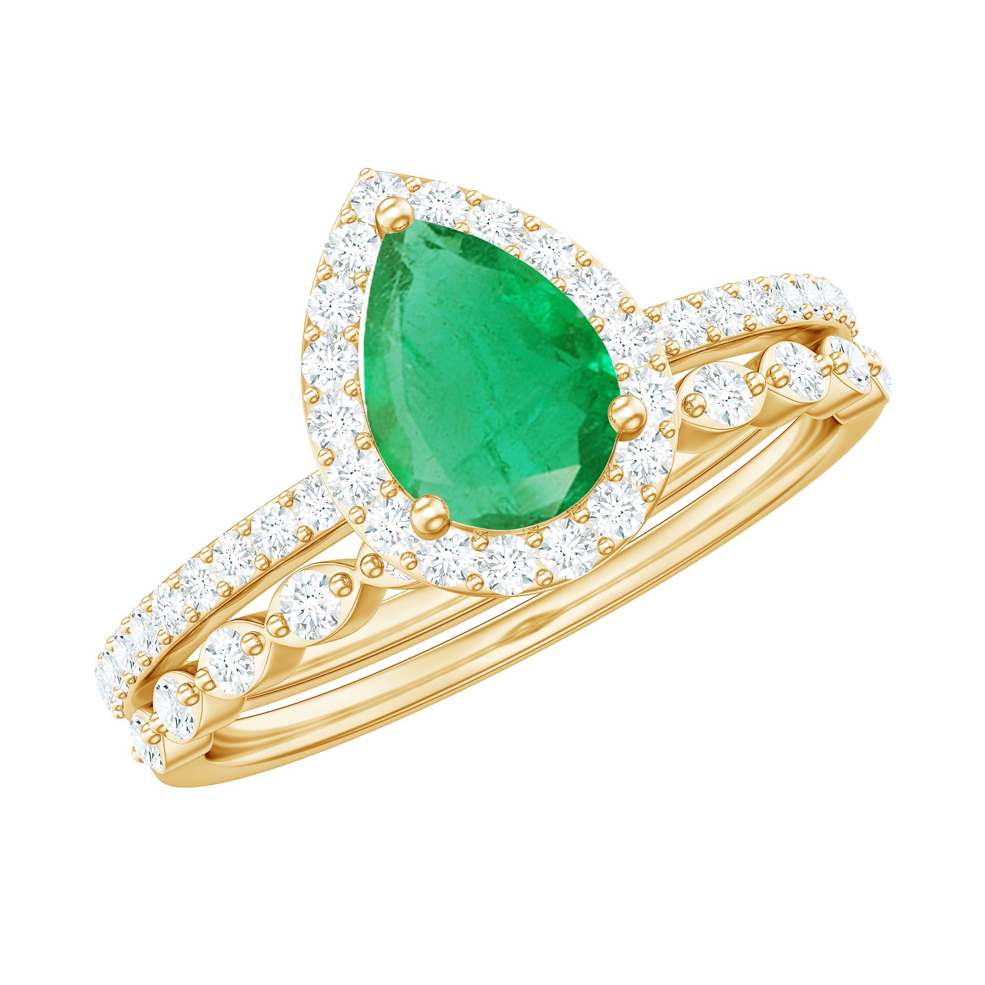 Emerald Diamond Engagement Ring | Pear Shape Emerald Teardrop Wedding Band Set