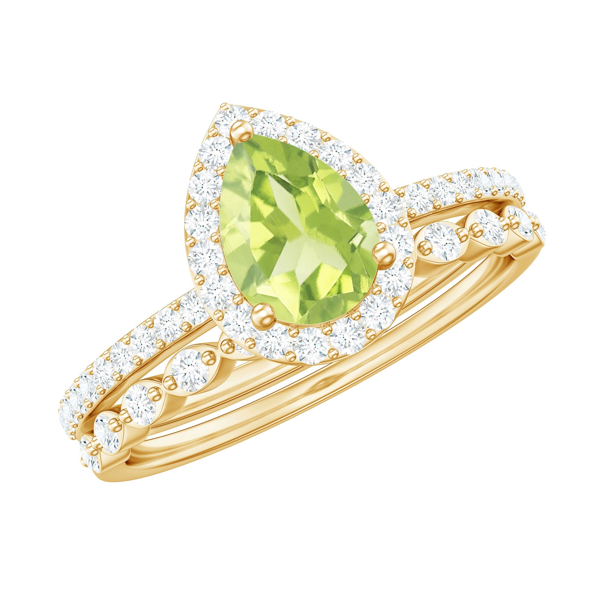 Peridot Wedding Ring - 1 Carat Pear Shape Diamond Halo Bridal Set