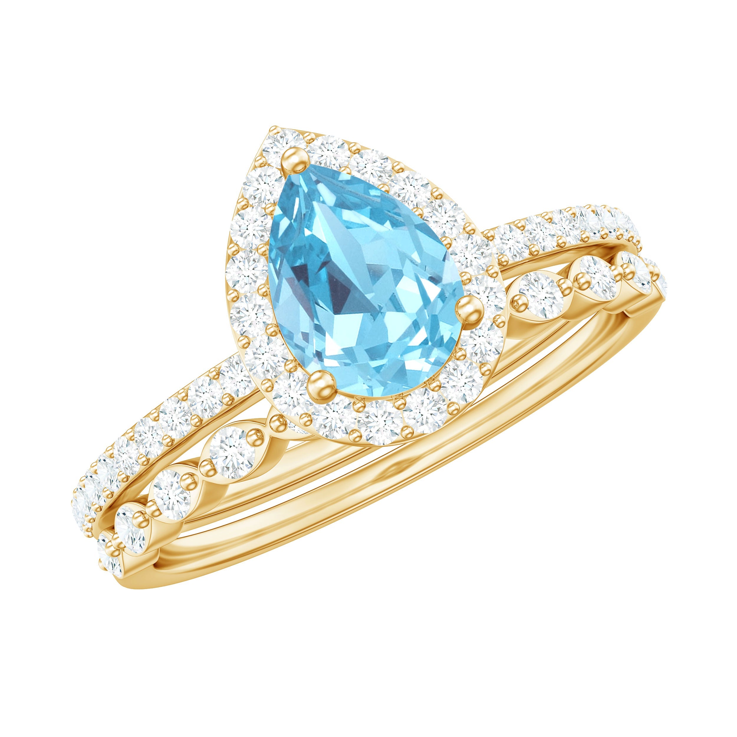 Aquamarine Bridal Ring – Pear Cut Aquamarine with Diamond Halo Design Wedding Set
