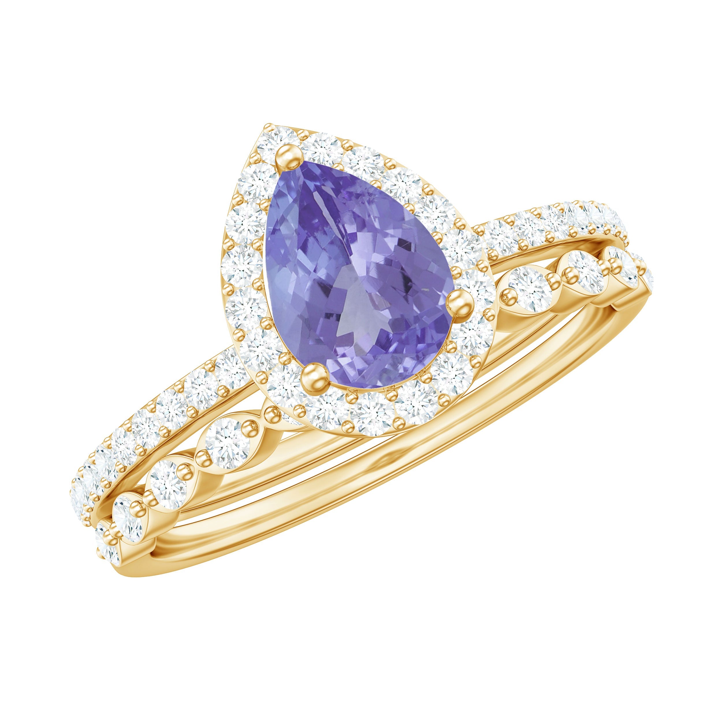 Pear Shape Tanzanite Ring – Elegant Blue Gemstone Halo Diamond Wedding Set