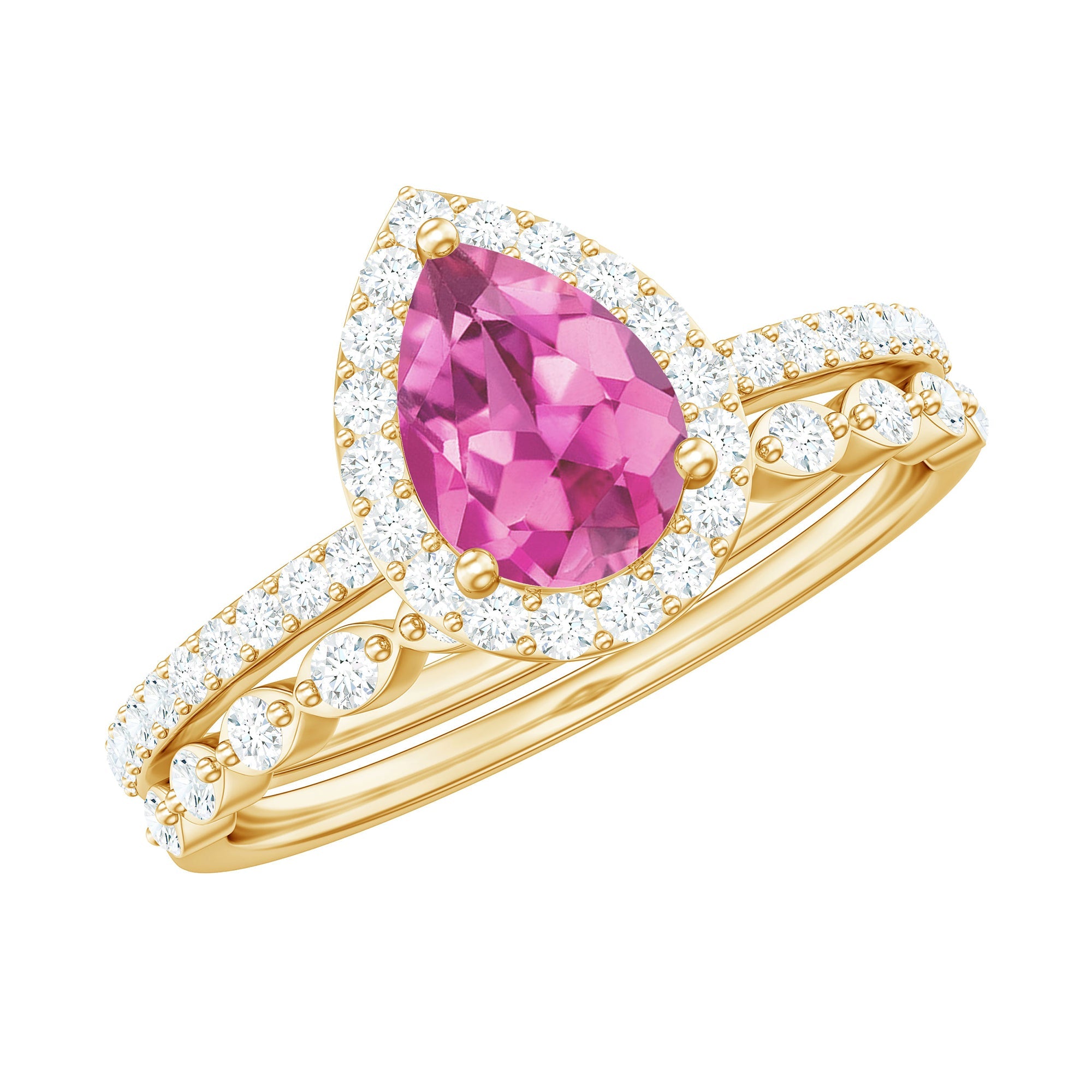 Pink Tourmaline Ring Bridal Set – Pear Cut Tourmaline with Diamond Halo Band