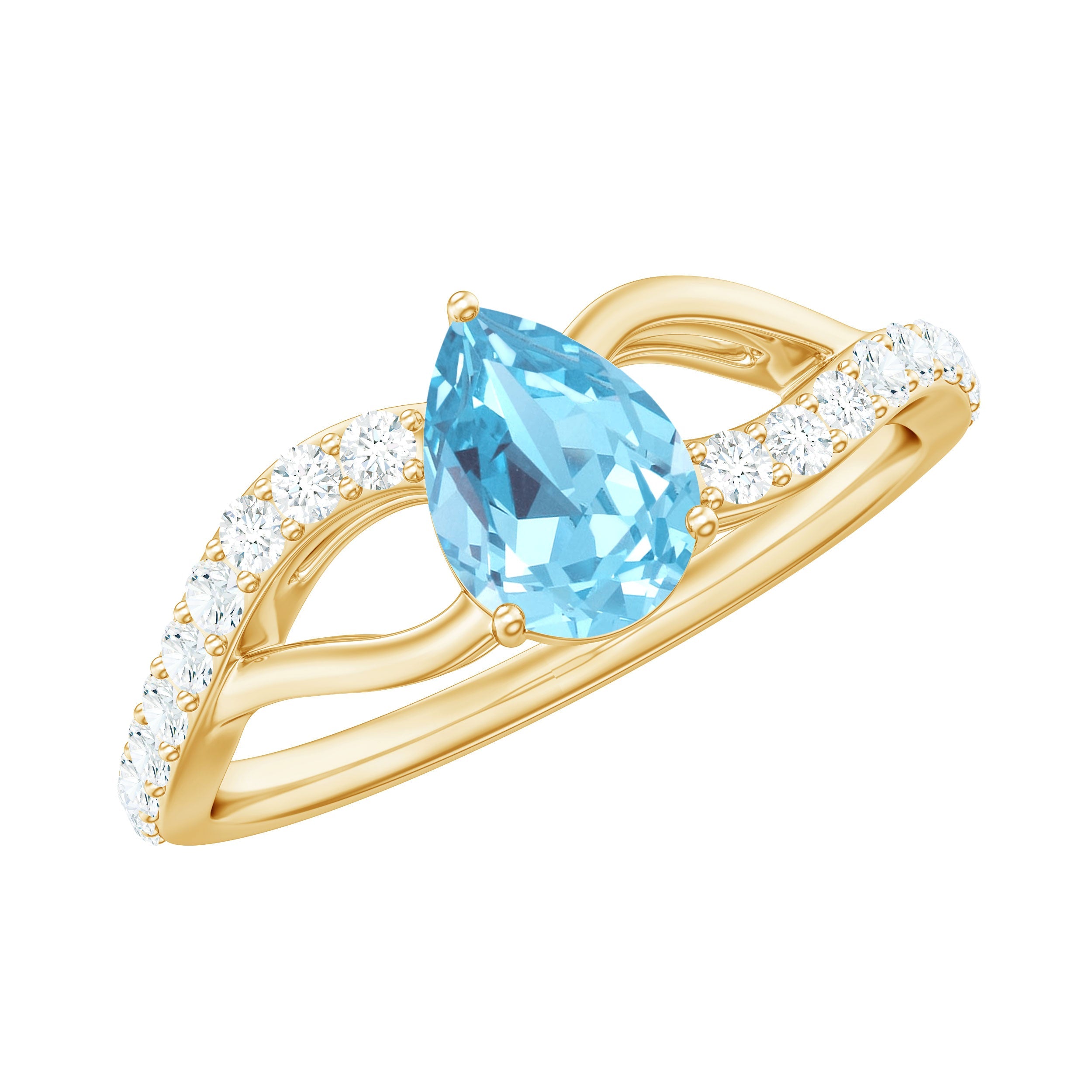 Pear Cut Aquamarine Ring - Split Shank Solitaire Engagement With Diamond Accents