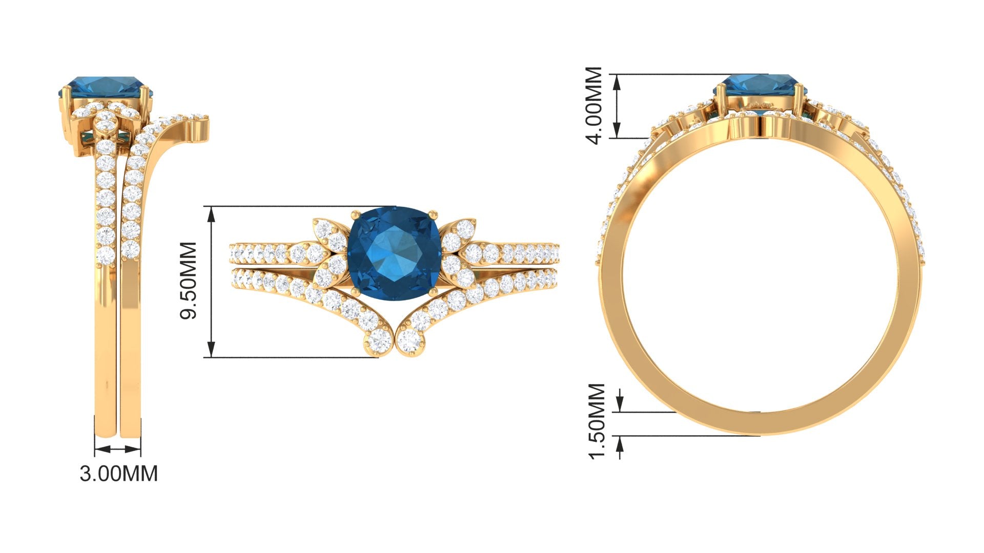 Cushion Cut London Blue Topaz Designer Wedding Ring Set with Diamond Band