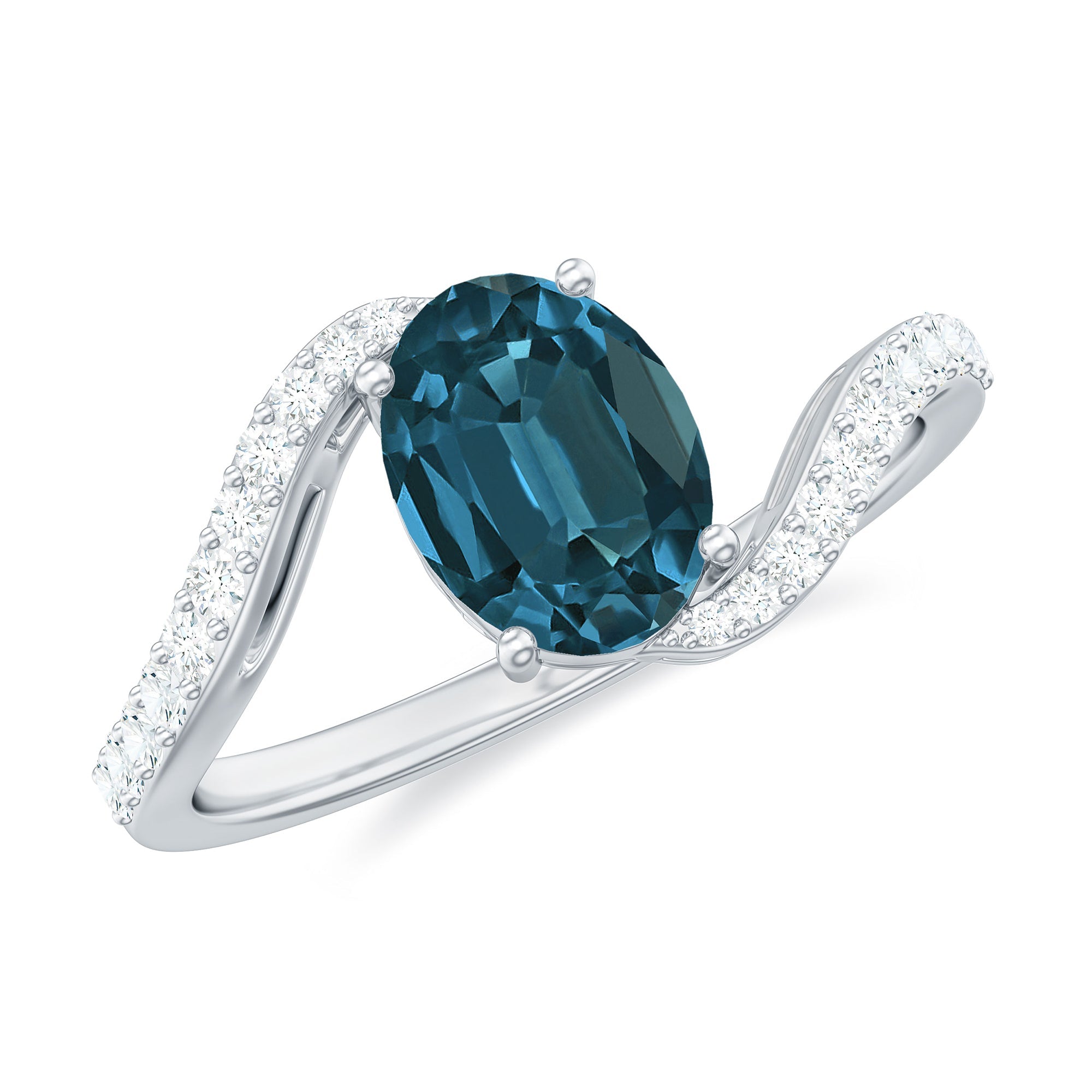 6X8mm Oval Cut London Blue Topaz and Diamond Bypass Engagement Ring