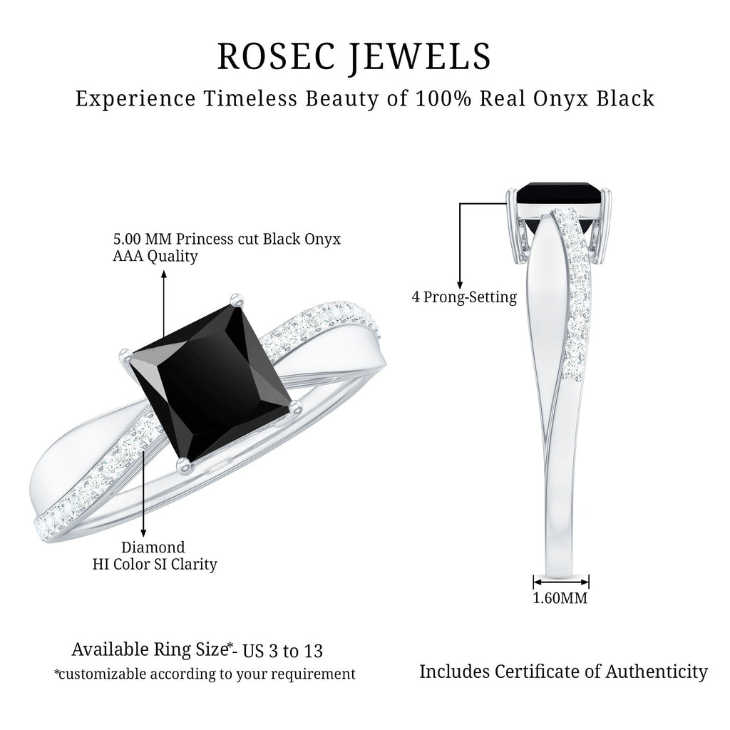 0.5 Carat Princess Cut Black Onyx Solitaire Engagement Ring with Diamond