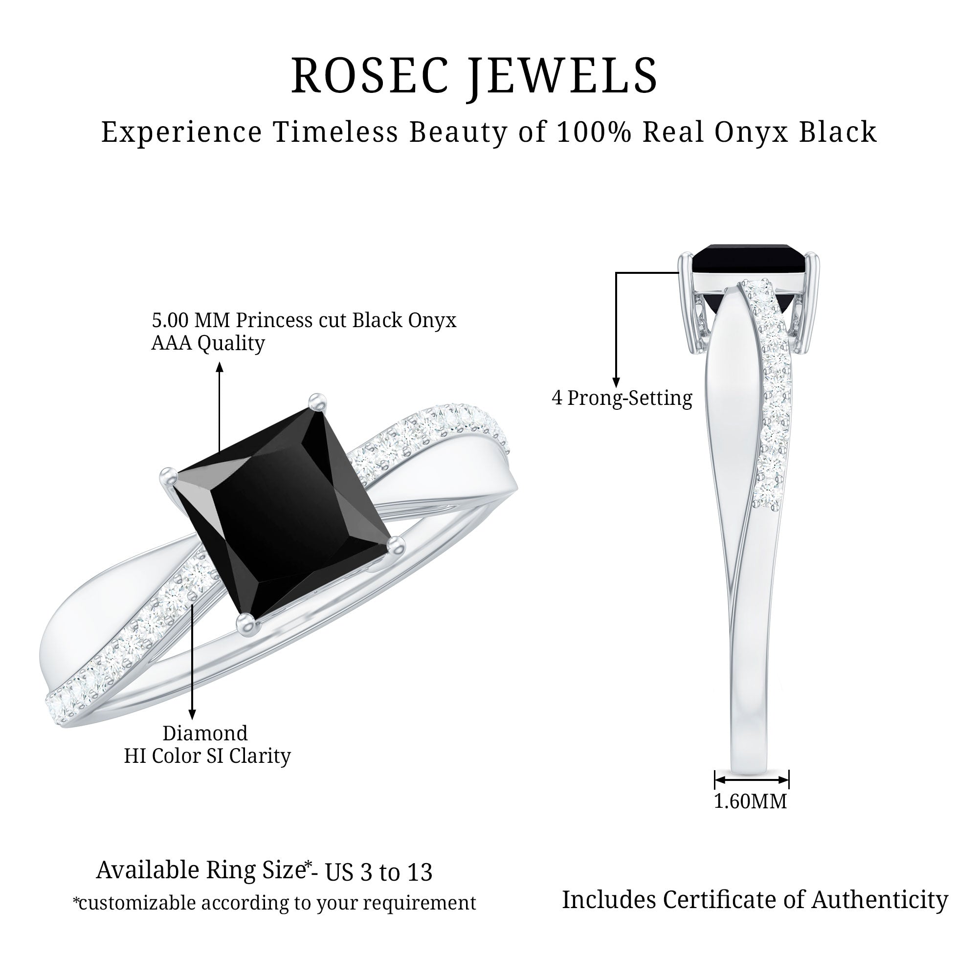 0.5 Carat Princess Cut Black Onyx Solitaire Engagement Ring with Diamond