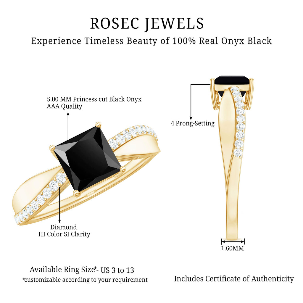 0.5 Carat Princess Cut Black Onyx Solitaire Engagement Ring with Diamond