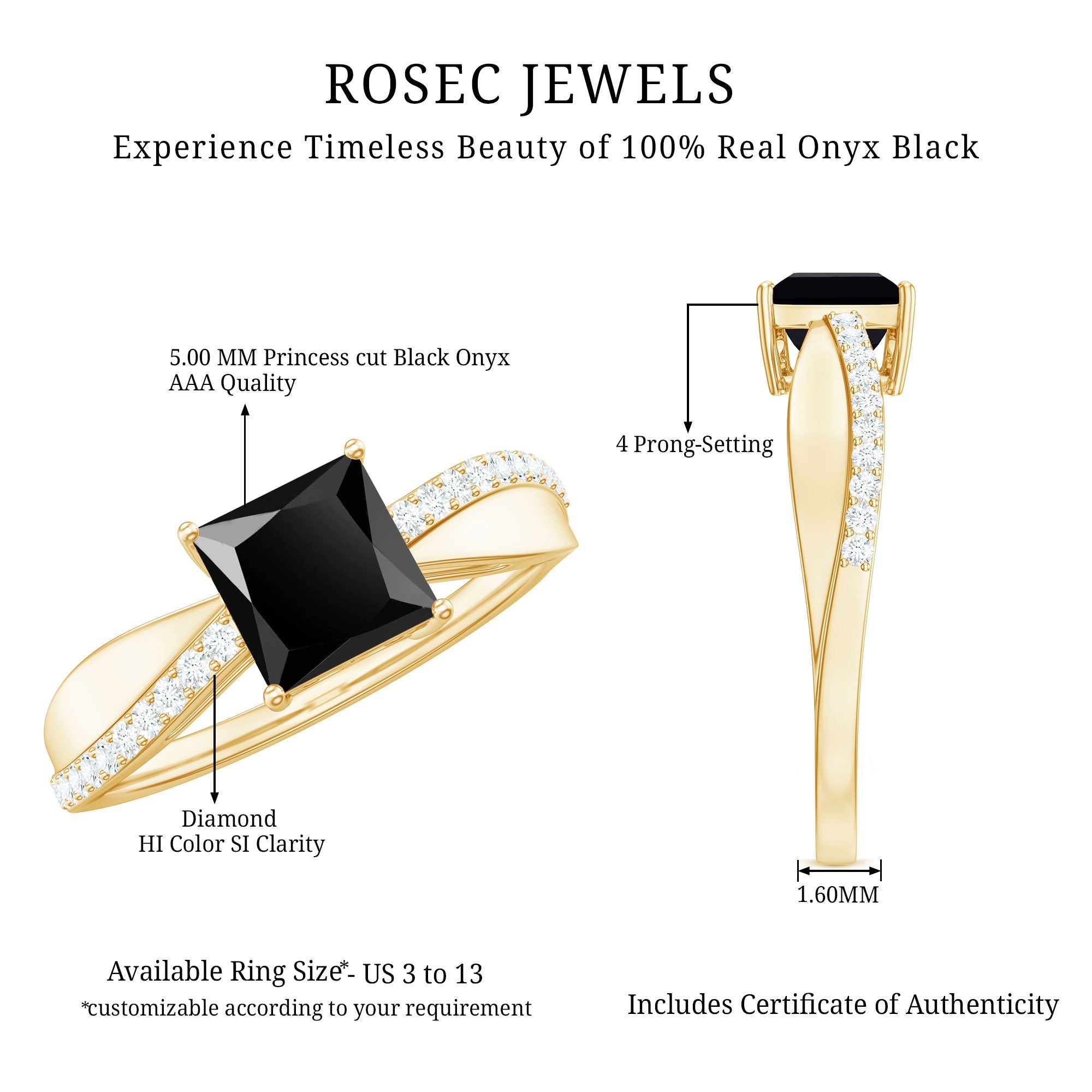 0.5 Carat Princess Cut Black Onyx Solitaire Engagement Ring with Diamond