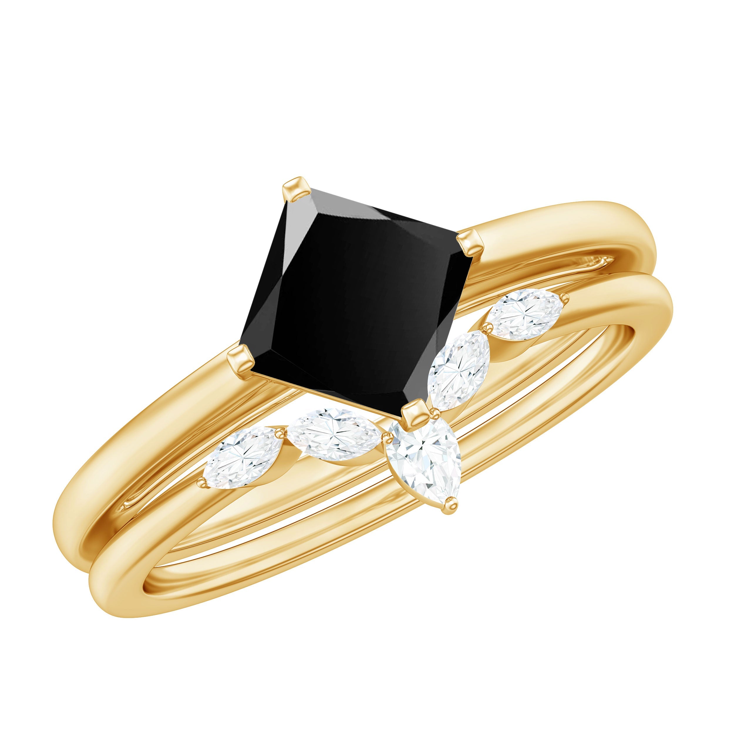 0.5 Carat Princess Cut Black Onyx Solitaire Rings Set with Diamond Enhancer