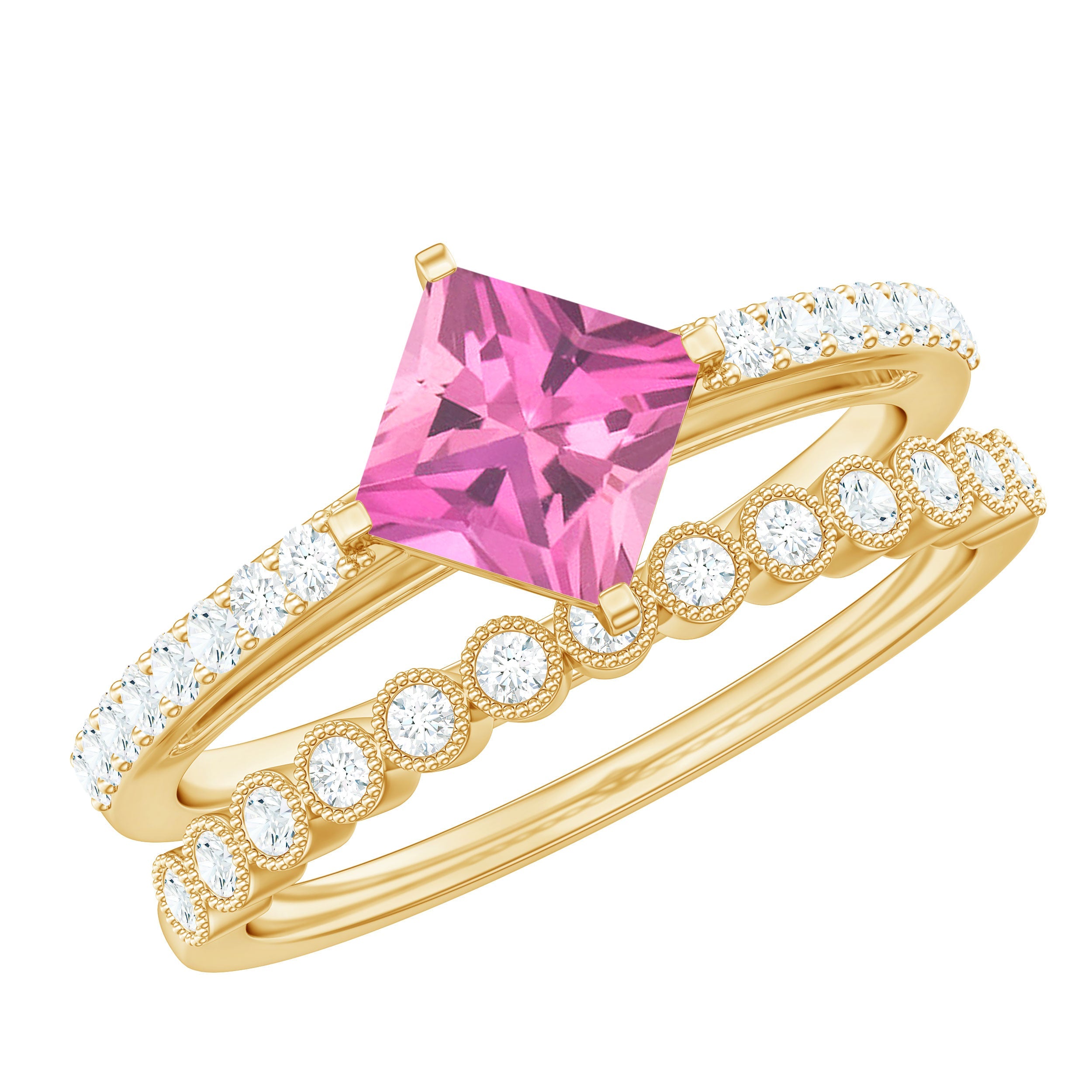 Pink Tourmaline Ring Princess Cut – Diamond Wedding Band Set with Lab Grown Stones