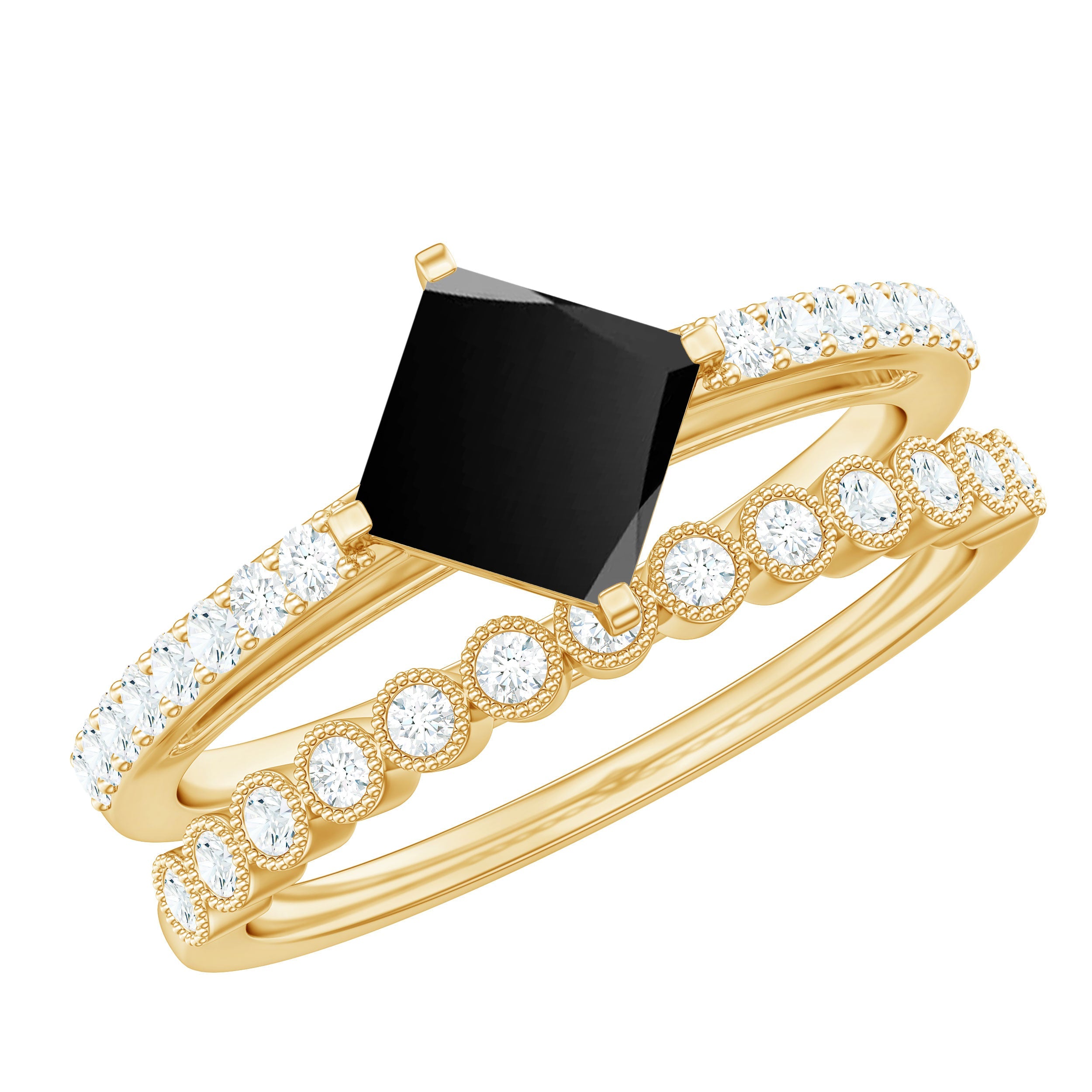 0.5 Carat Princess Cut Black Onyx Wedding Ring Set with Diamond Band