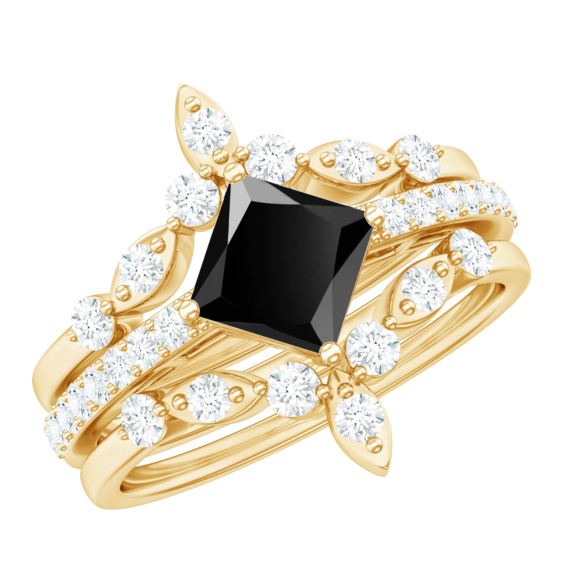 Genuine Princess Cut Black Onyx Bridal Rings Set with Diamond
