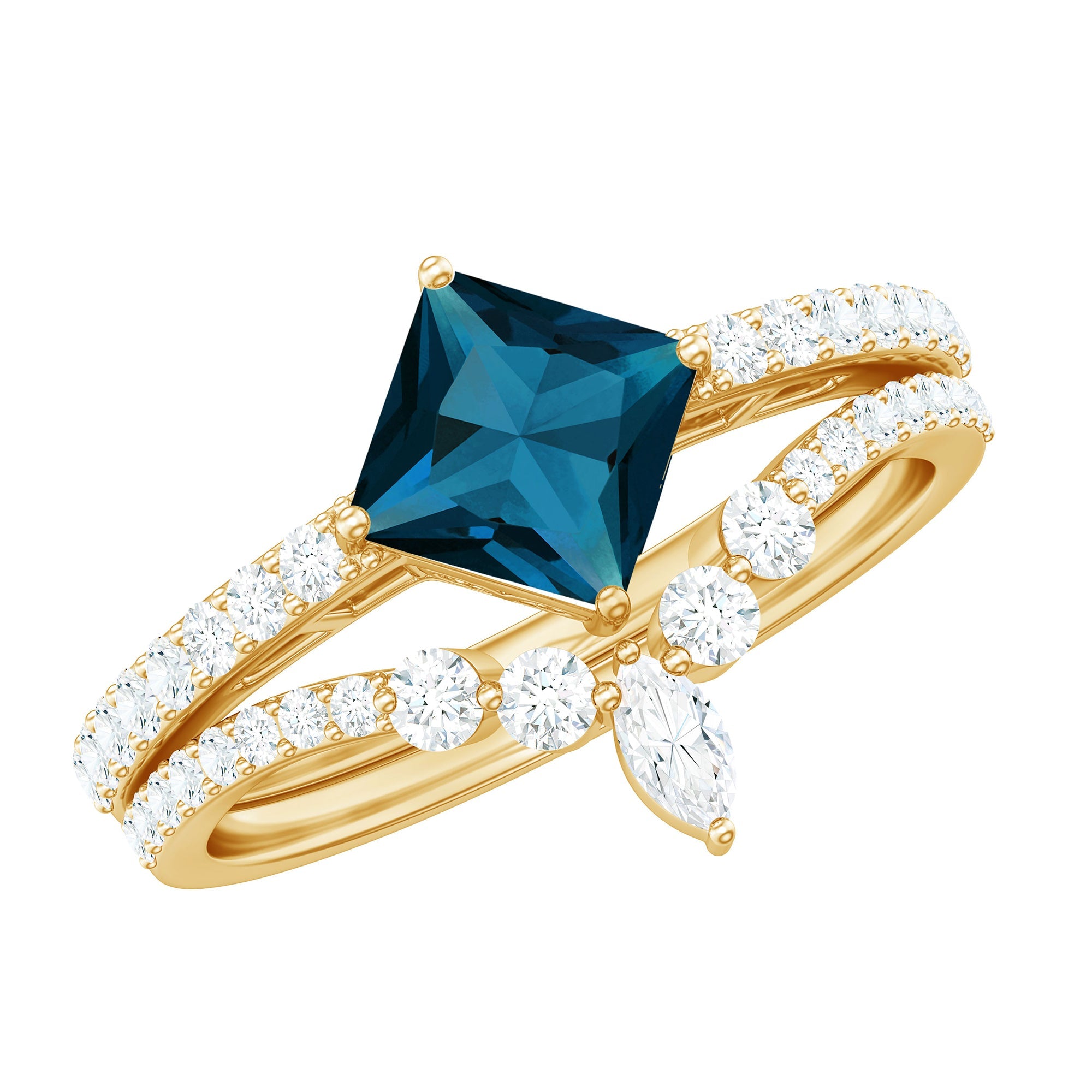 1 Carat Princess Cut London Blue Topaz and Diamond Wedding Ring Set