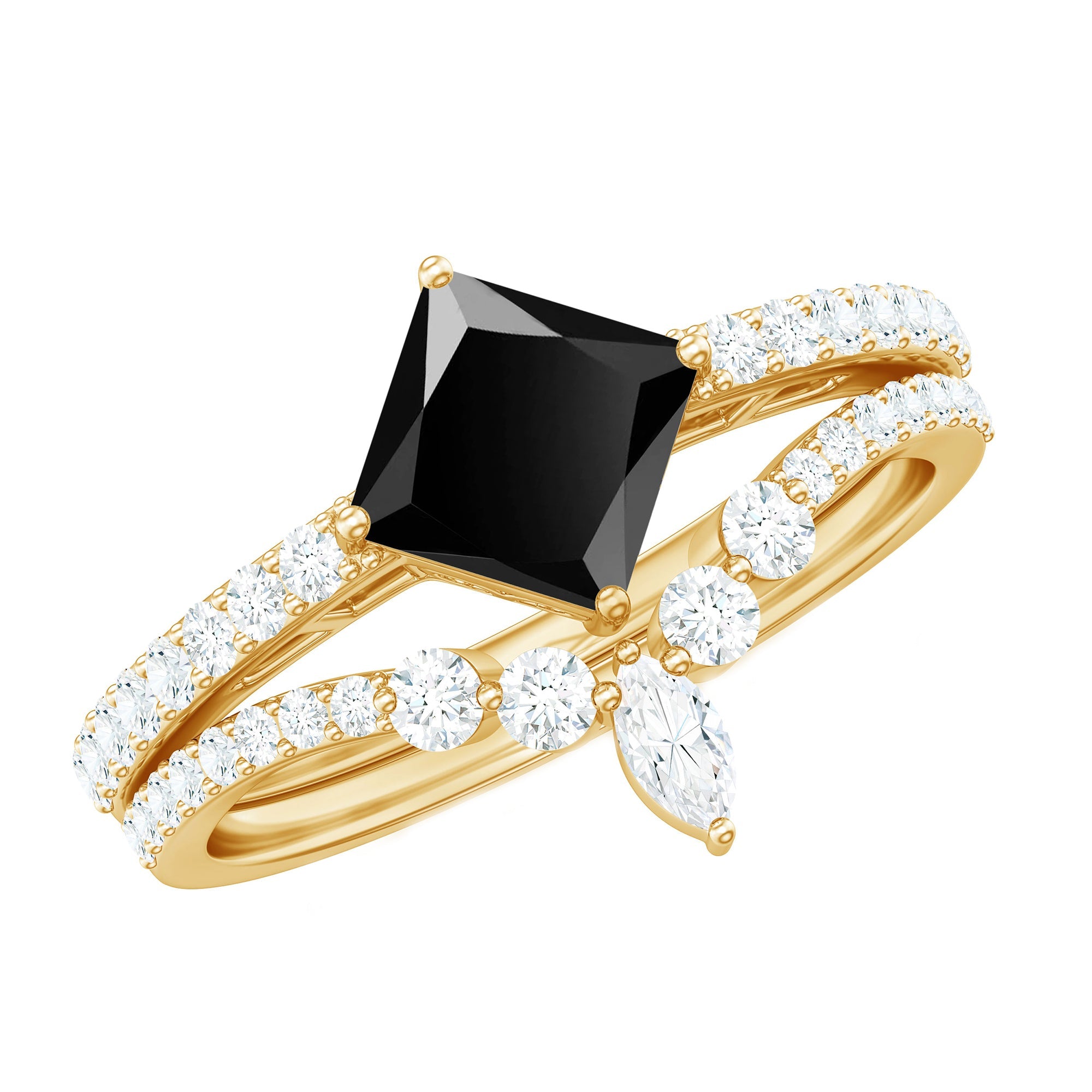 0.5 Carat Princess Cut Black Onyx Designer Wedding Rings Set with Moissanite