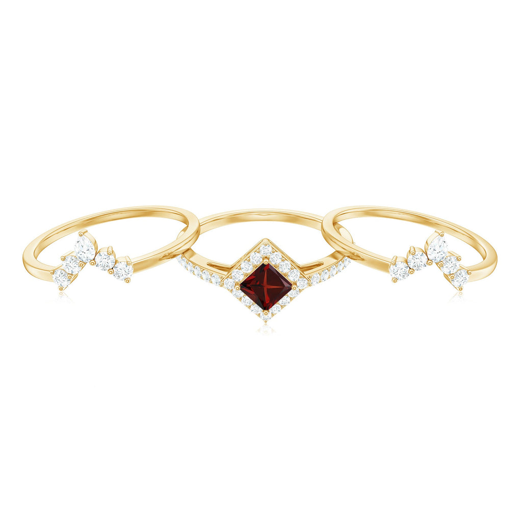 Natural Garnet Diamond 3 Piece Bridal Ring Set