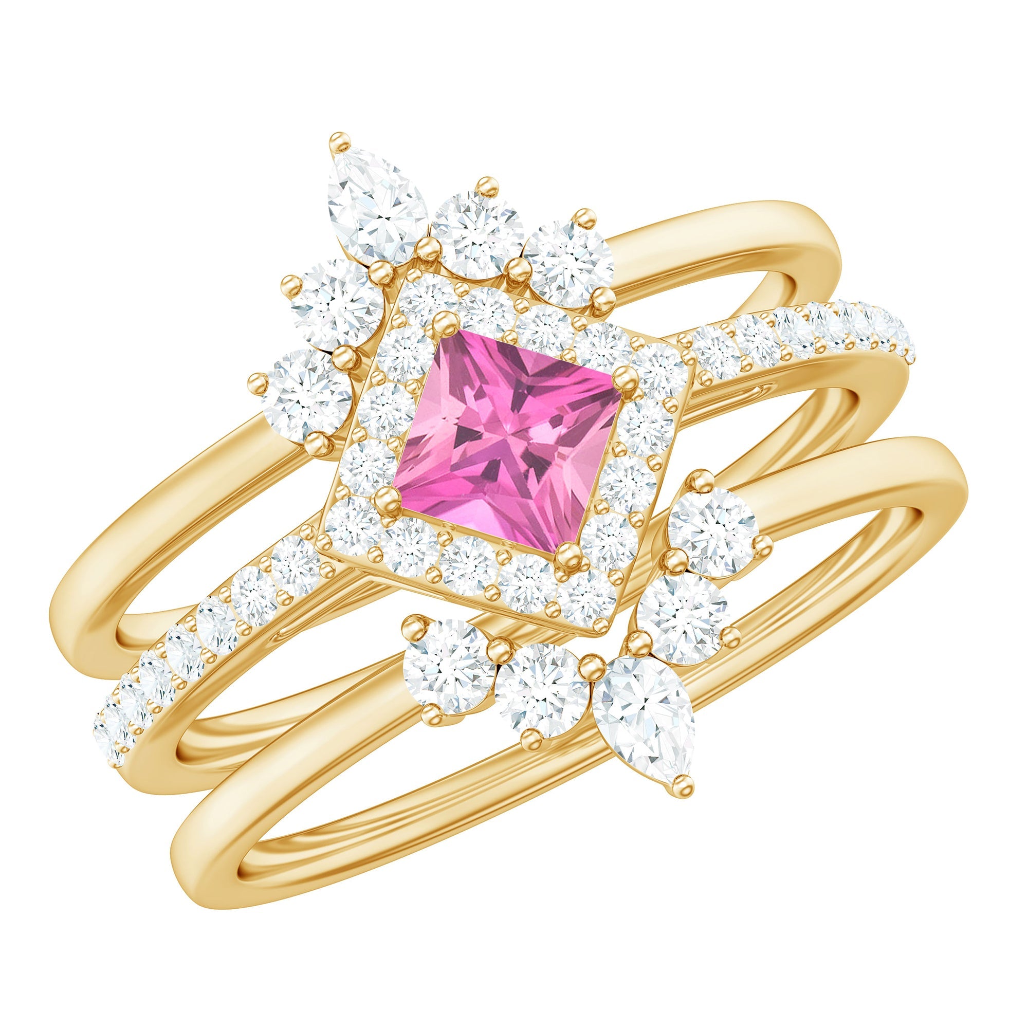 Pink Tourmaline Wedding Ring – Trio Ring Set with Moissanite Bands in Rose Gold Style