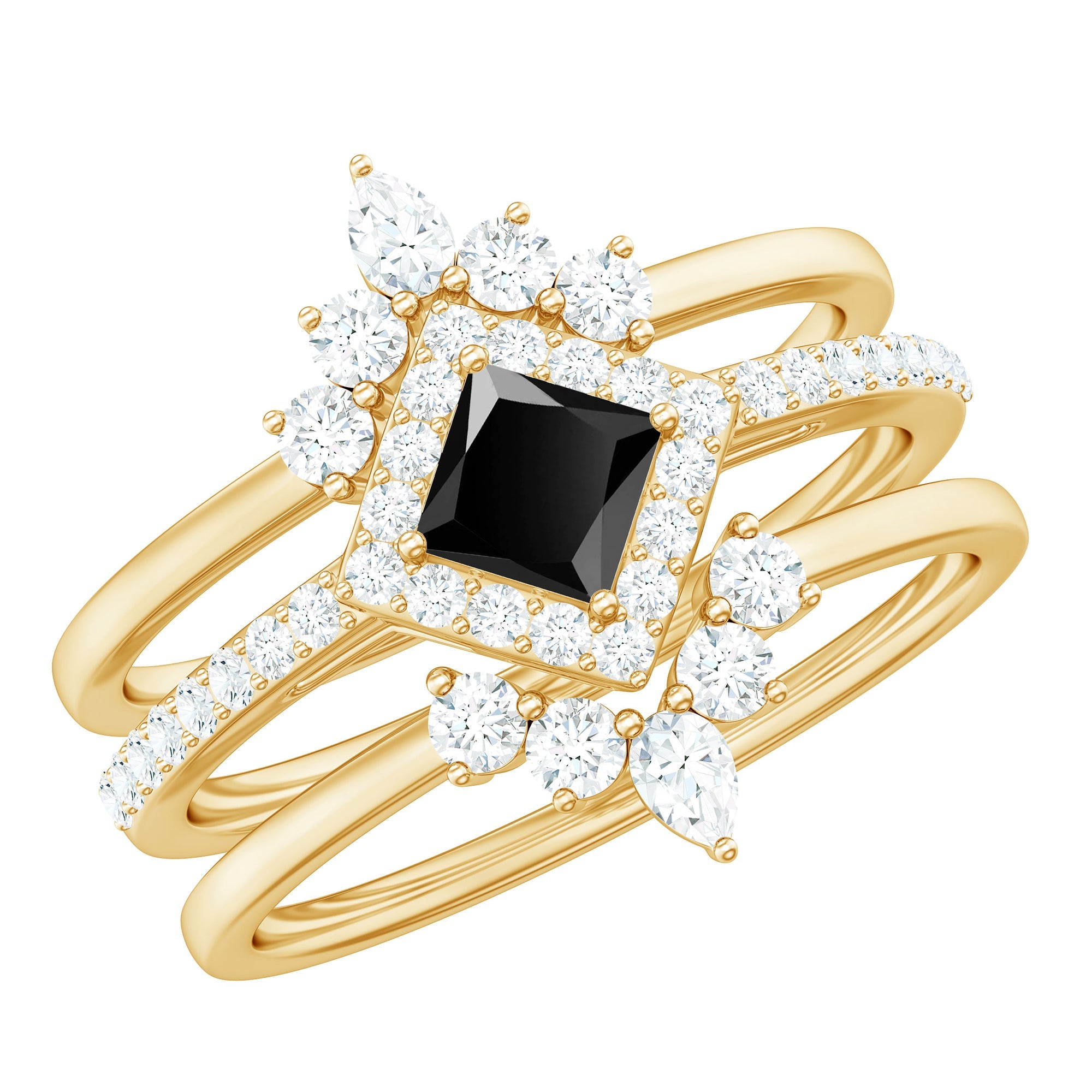Certified 0.5 Carat Princess Cut Black Onyx Wedding Ring Set with Moissanite Band