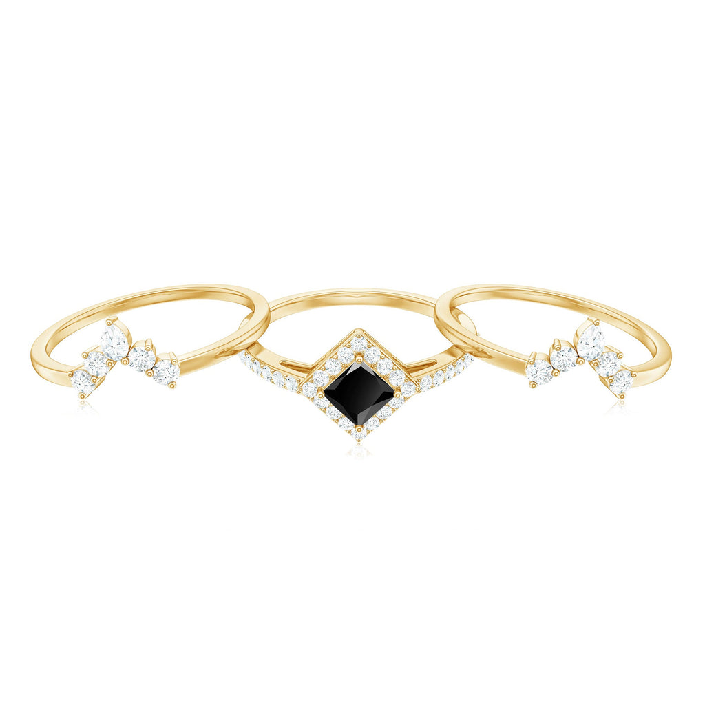 Certified 5mm Princess Cut Black Onyx Wedding Rings Set with Moissanite Band