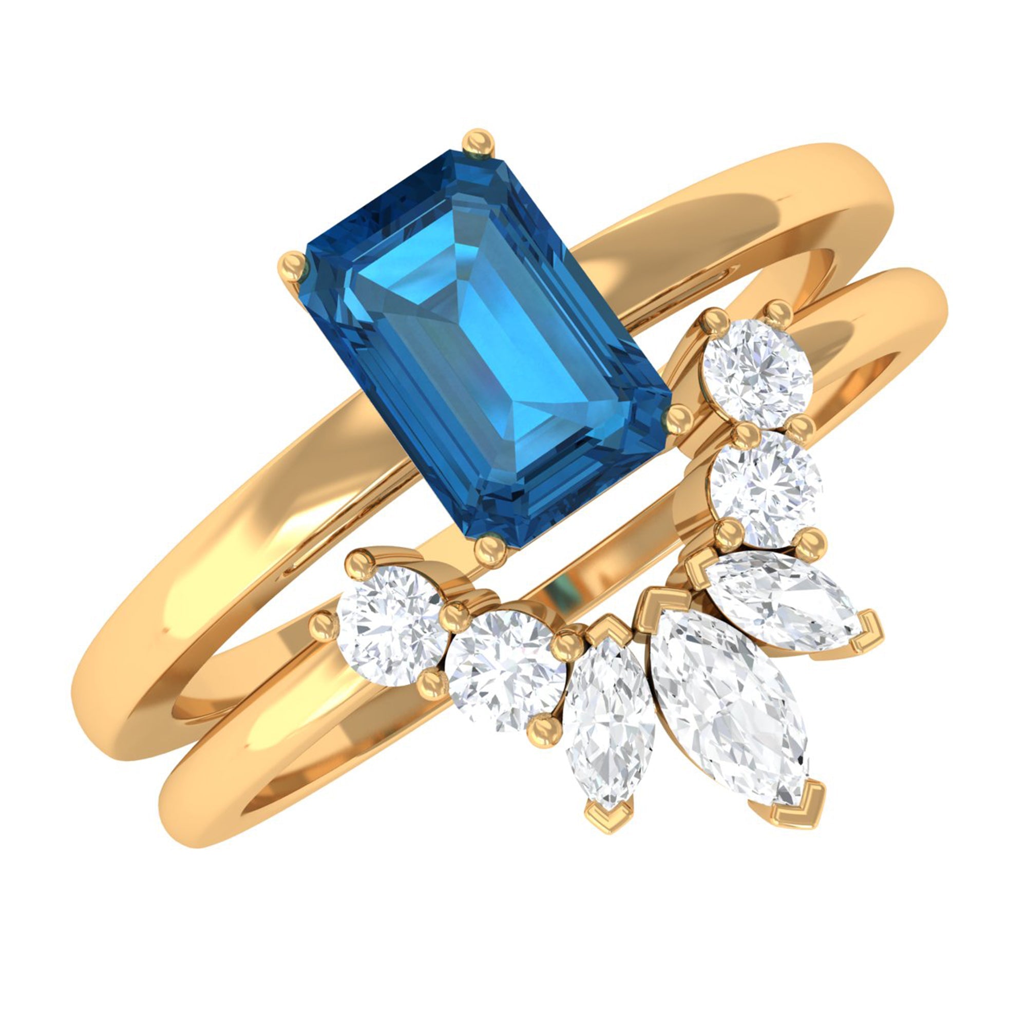 0.7 Carat Emerald Cut London Blue Topaz Solitaire Ring Set with Diamond