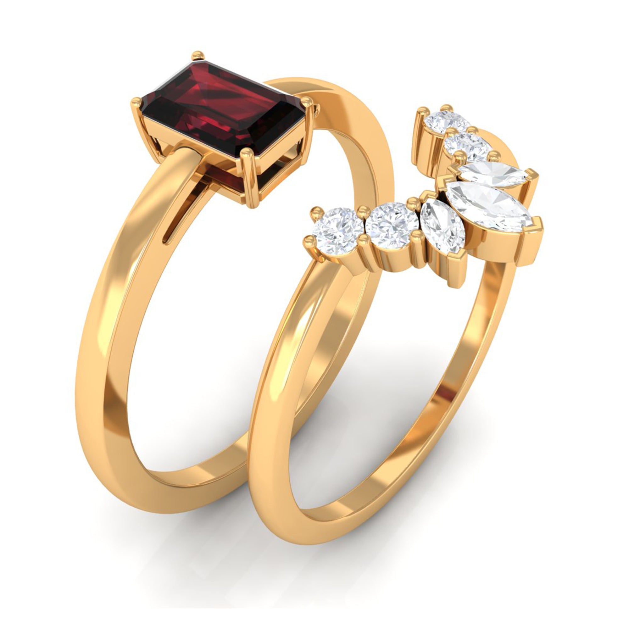 Genuine Garnet Diamond Emerald Cut Engagement Ring with Wedding Band
