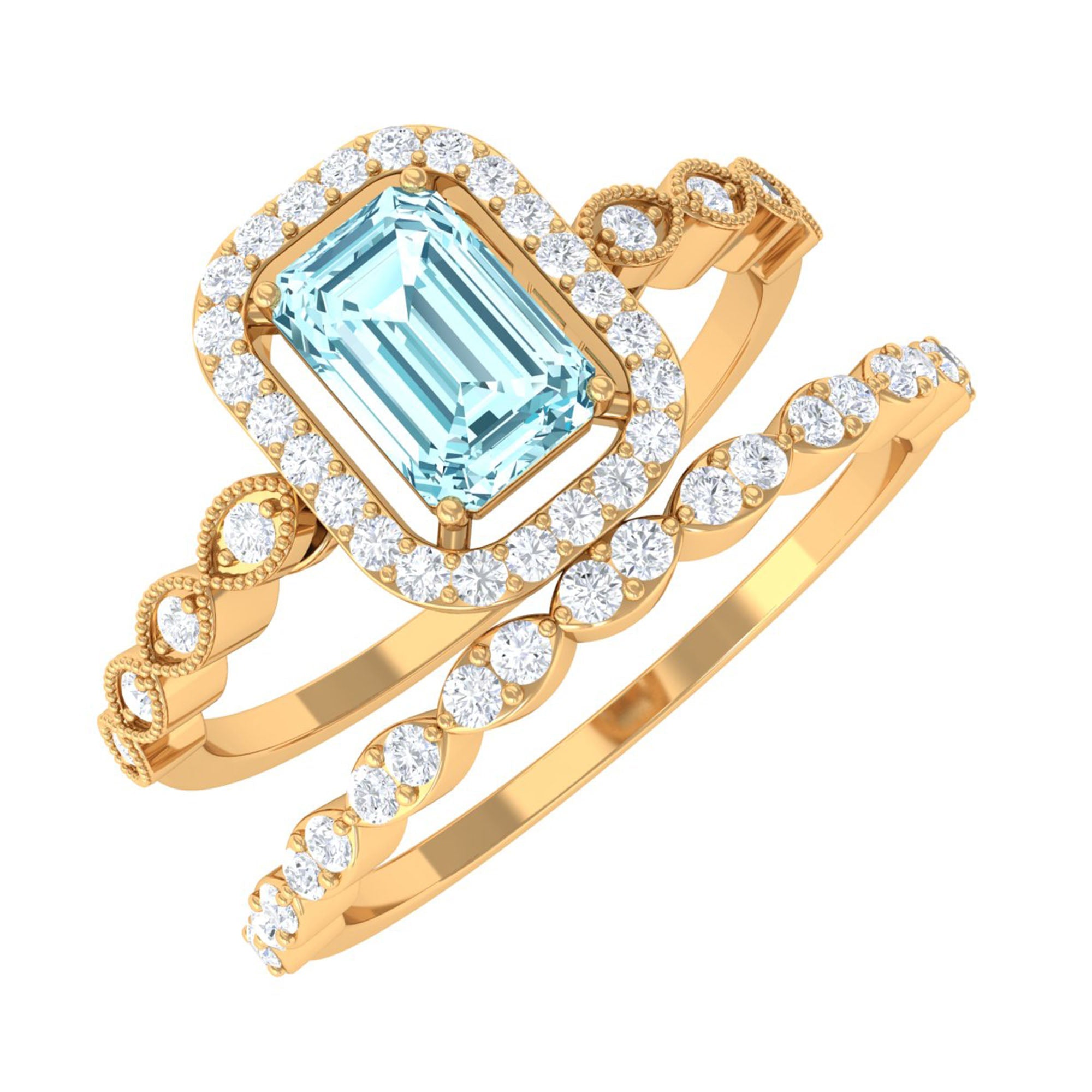 Aquamarine Wedding Ring – Emerald Cut Diamond Halo Bridal Ring Set With Scalloped Design